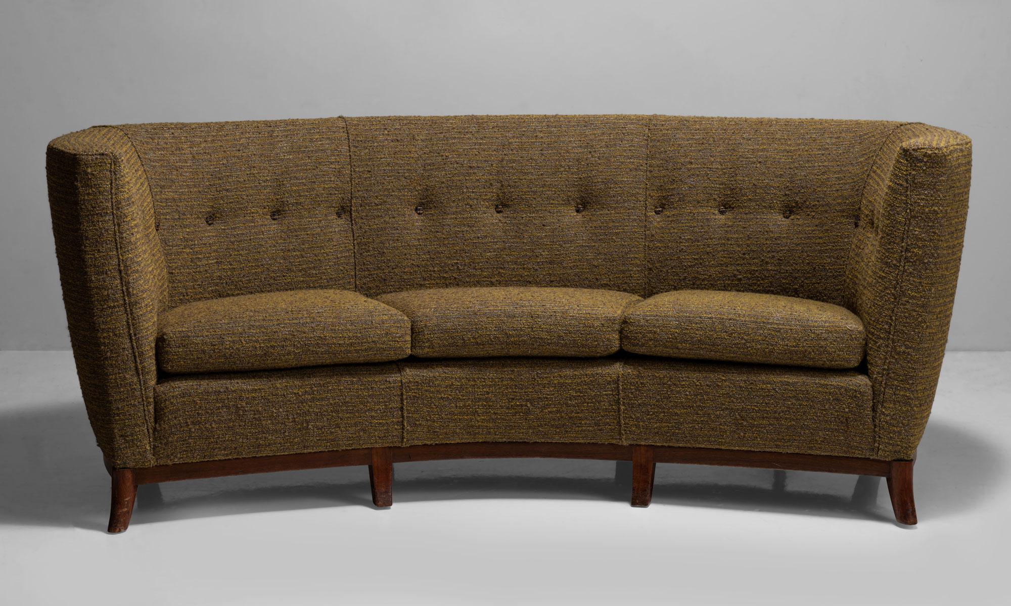 Curved Sofa in Wool Blend from Pierre Frey

Designed by Trevor Page Norwich. Curved sofa with walnut legs. Newly reupholstered.

England, circa 1950.