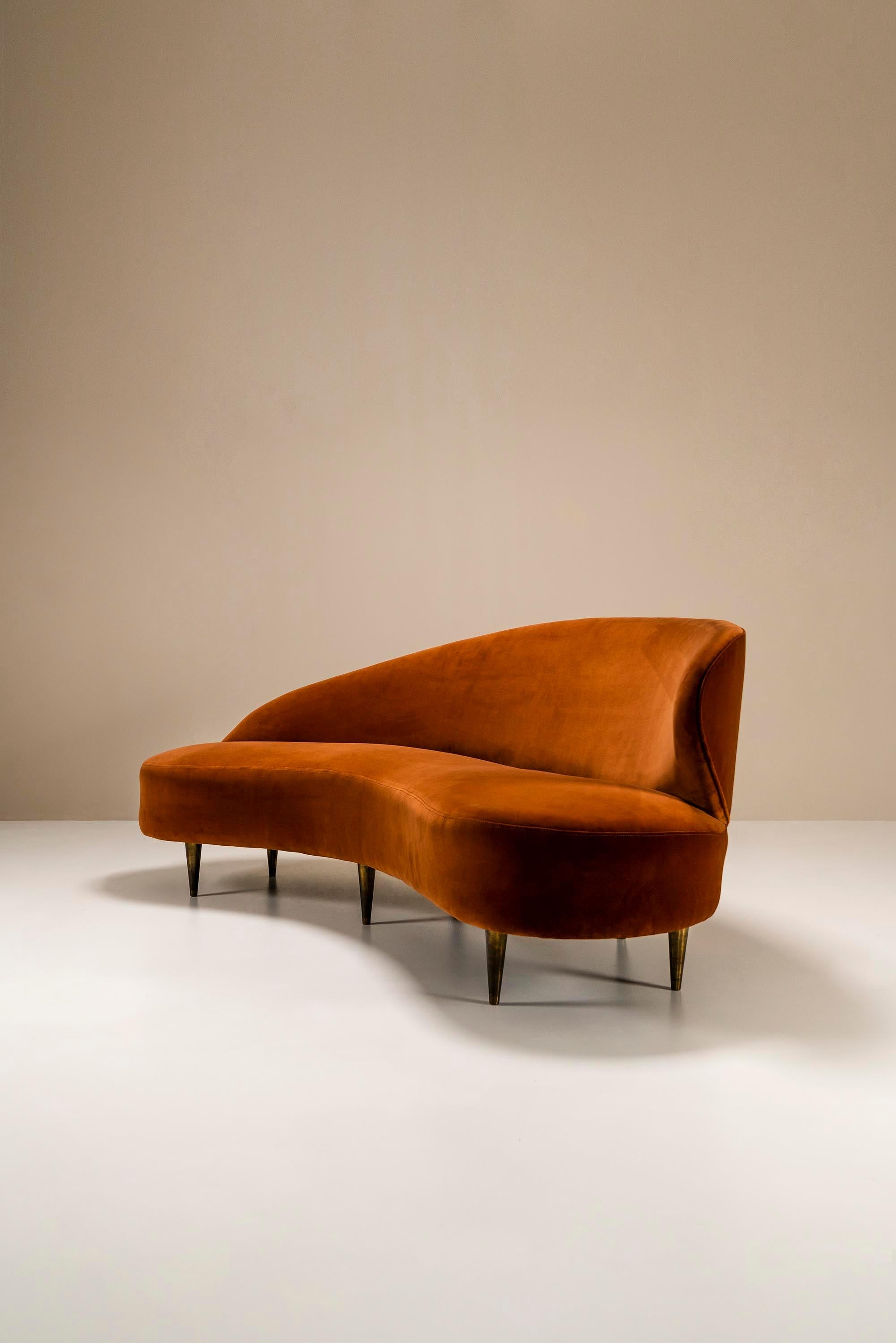 Italian Curved Sofa In Ocher Velours Attributed To Federico Munar, Italy 1950s
