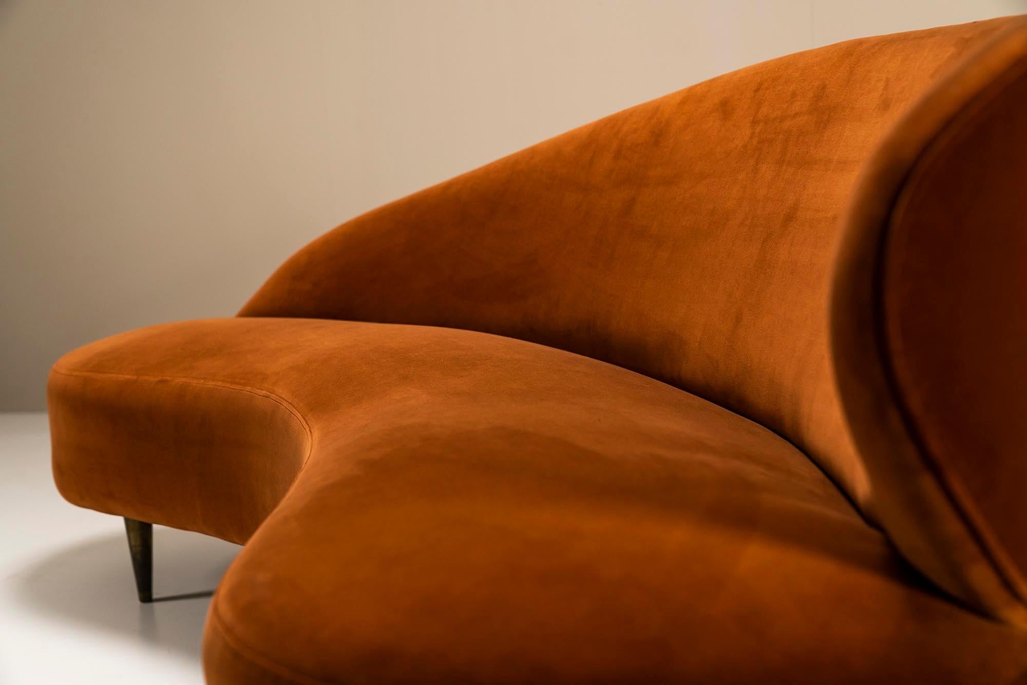 Fabric Curved Sofa In Ocher Velours Attributed To Federico Munar, Italy 1950s