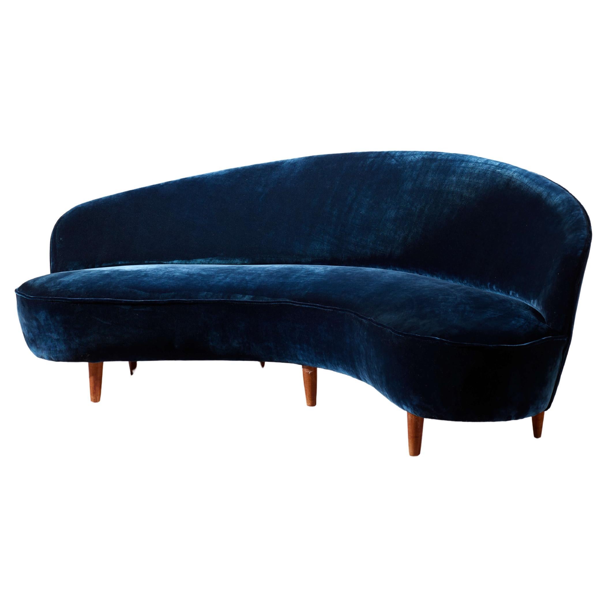 Curved sofa in wood and velvet upholstery, Italy, 1950s