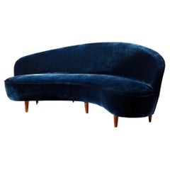 Curved sofa in wood and velvet upholstery, Italy, 1950s