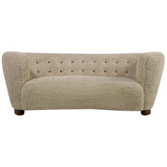 Curved Sofa, Made in Denmark 1950s, Slagelse DK, Teddy Fur and Tufted Leather