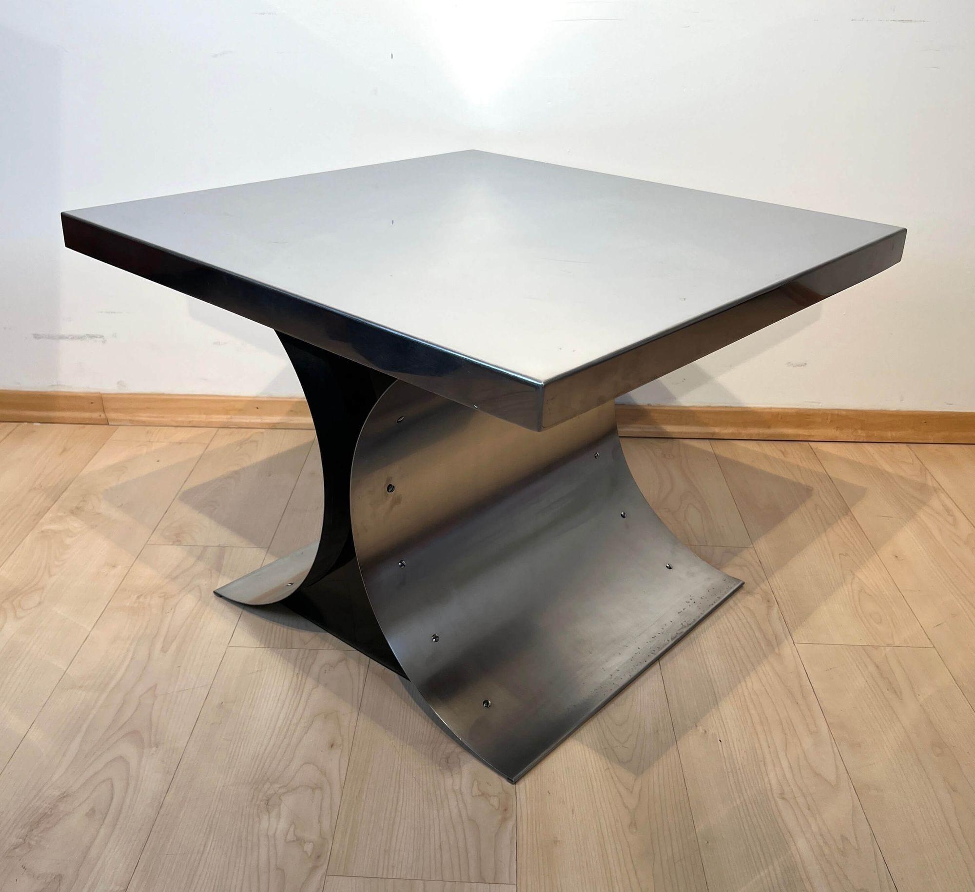 Lacquered Curved Sofa Table, Stainless Steel, France, 1970 For Sale