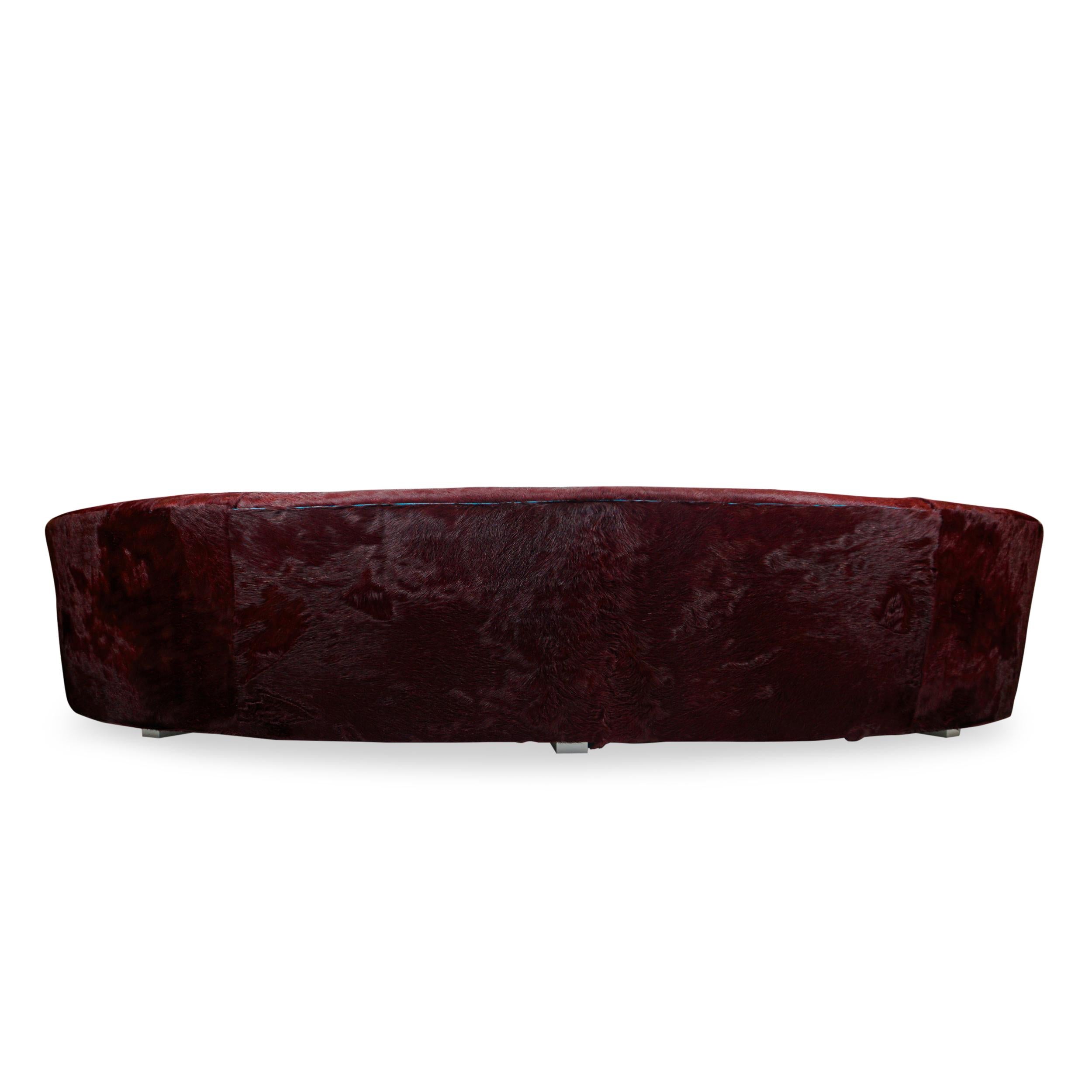 Curved Sofa with Oxblood Cowhide and Fantastical Printed Velvet, Slope Arm For Sale 3