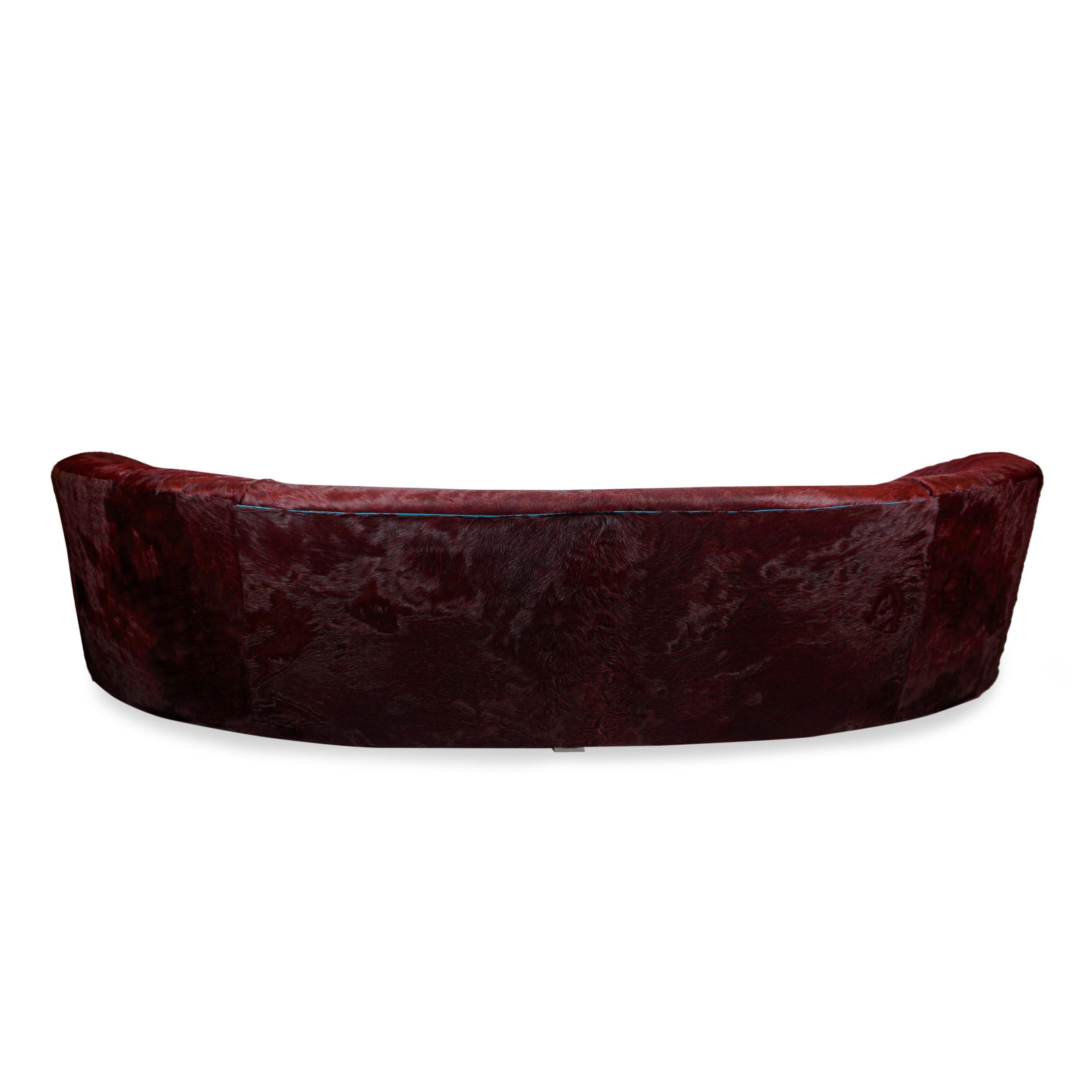 Curved Sofa with Oxblood Cowhide and Fantastical Printed Velvet, Slope Arm For Sale 4