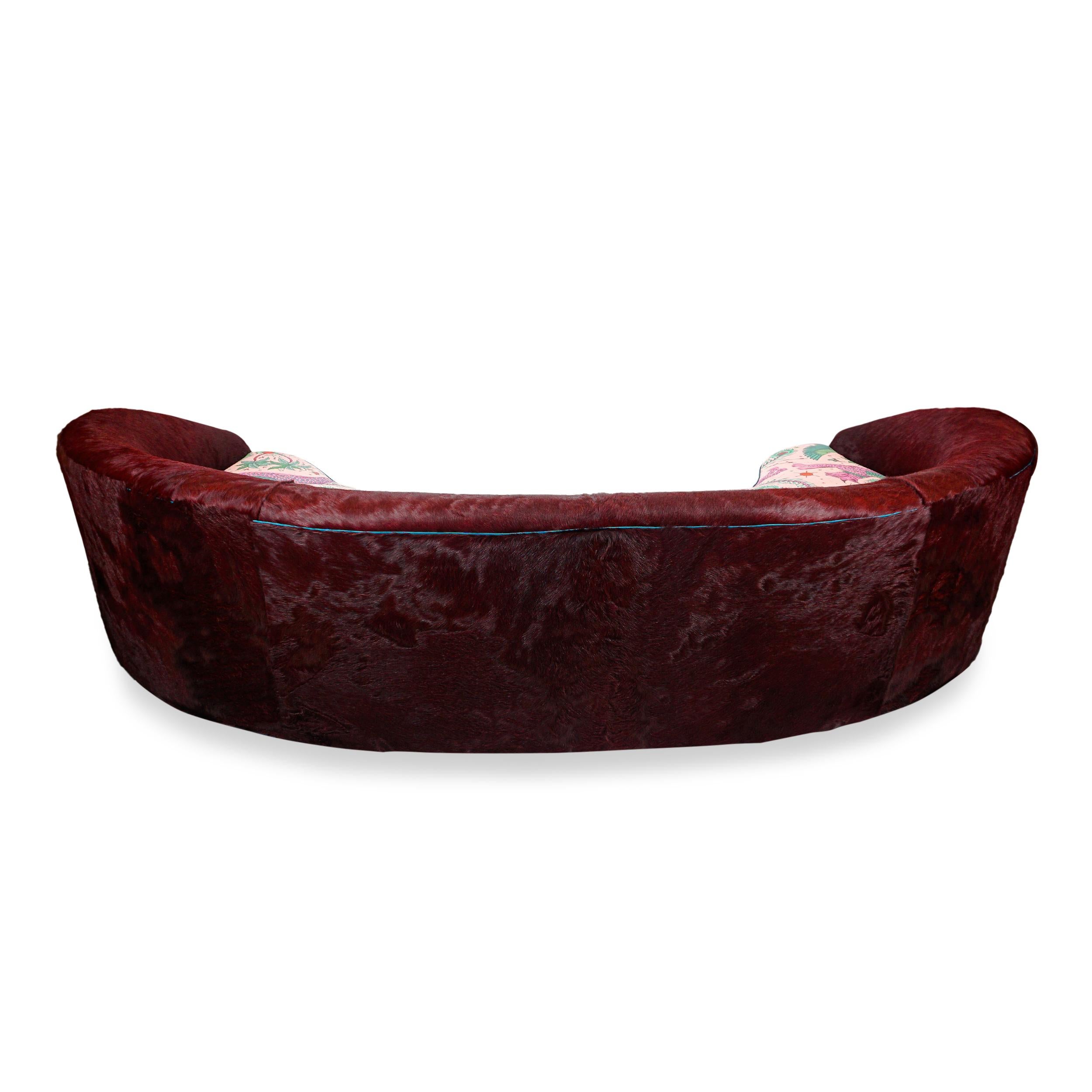 Curved Sofa with Oxblood Cowhide and Fantastical Printed Velvet, Slope Arm For Sale 5