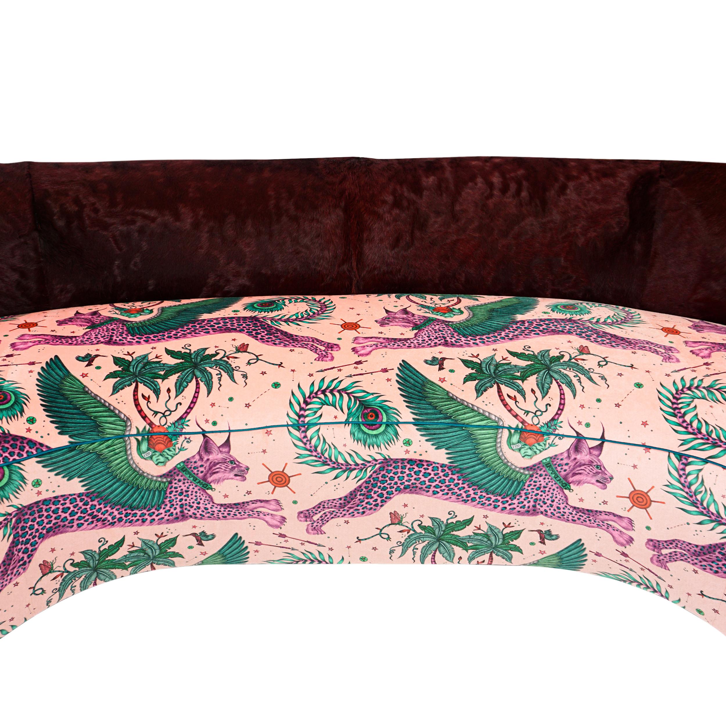 Curved Sofa with Oxblood Cowhide and Fantastical Printed Velvet, Slope Arm For Sale 6