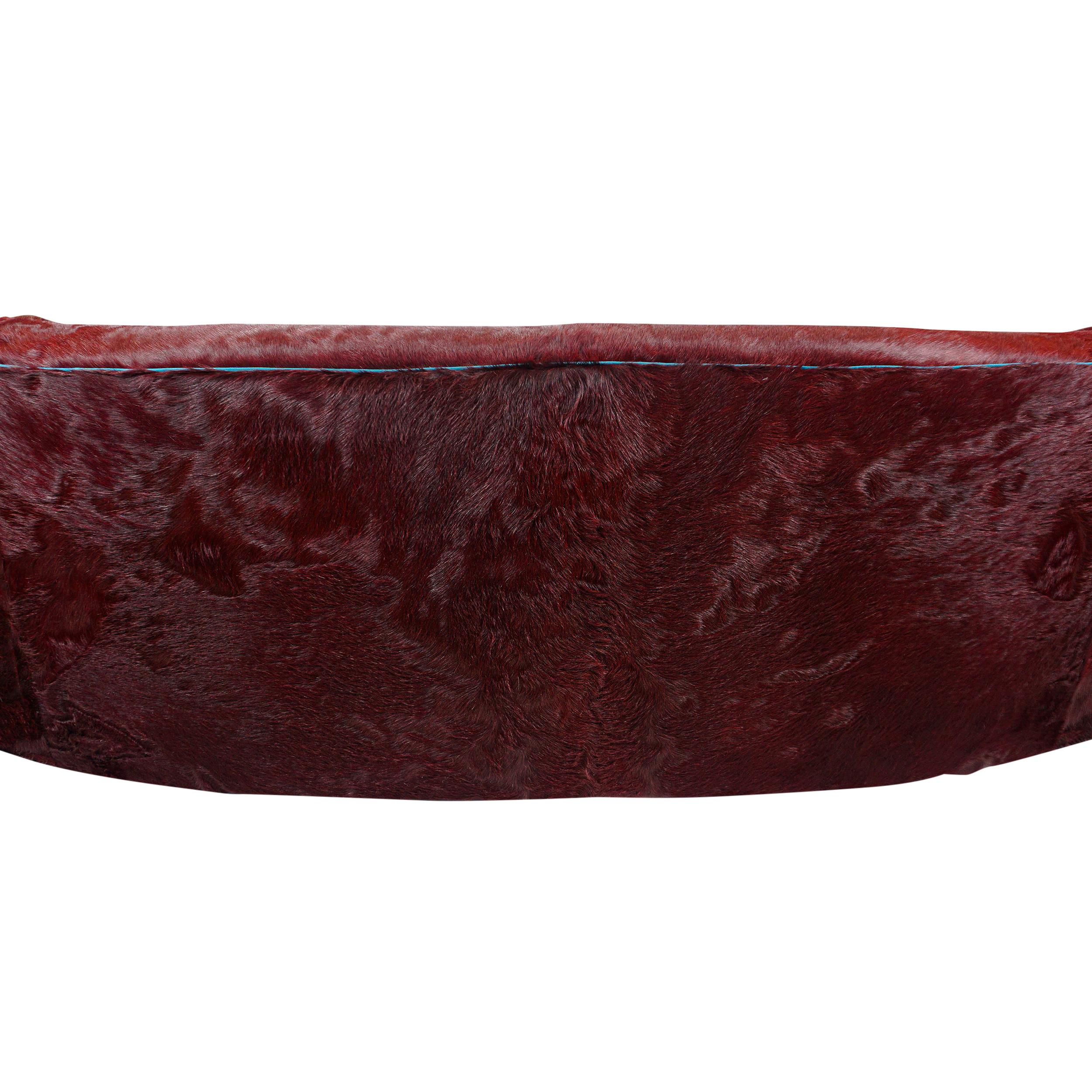 Curved Sofa with Oxblood Cowhide and Fantastical Printed Velvet, Slope Arm For Sale 11