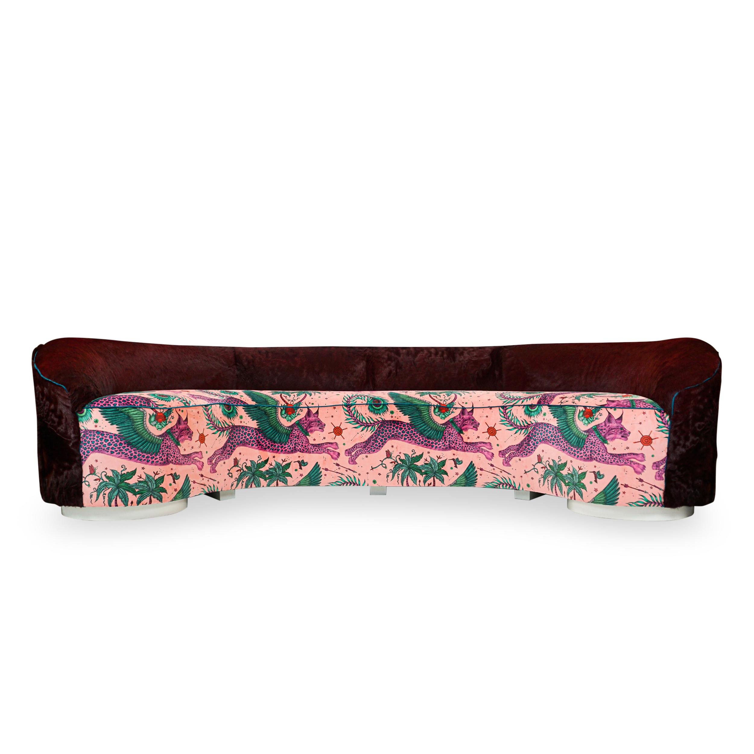Modern Curved Sofa with Oxblood Cowhide and Fantastical Printed Velvet, Slope Arm For Sale