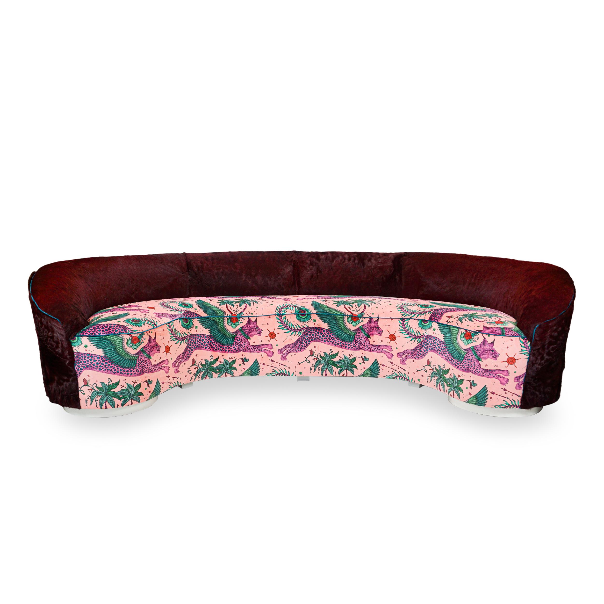 American Curved Sofa with Oxblood Cowhide and Fantastical Printed Velvet, Slope Arm For Sale
