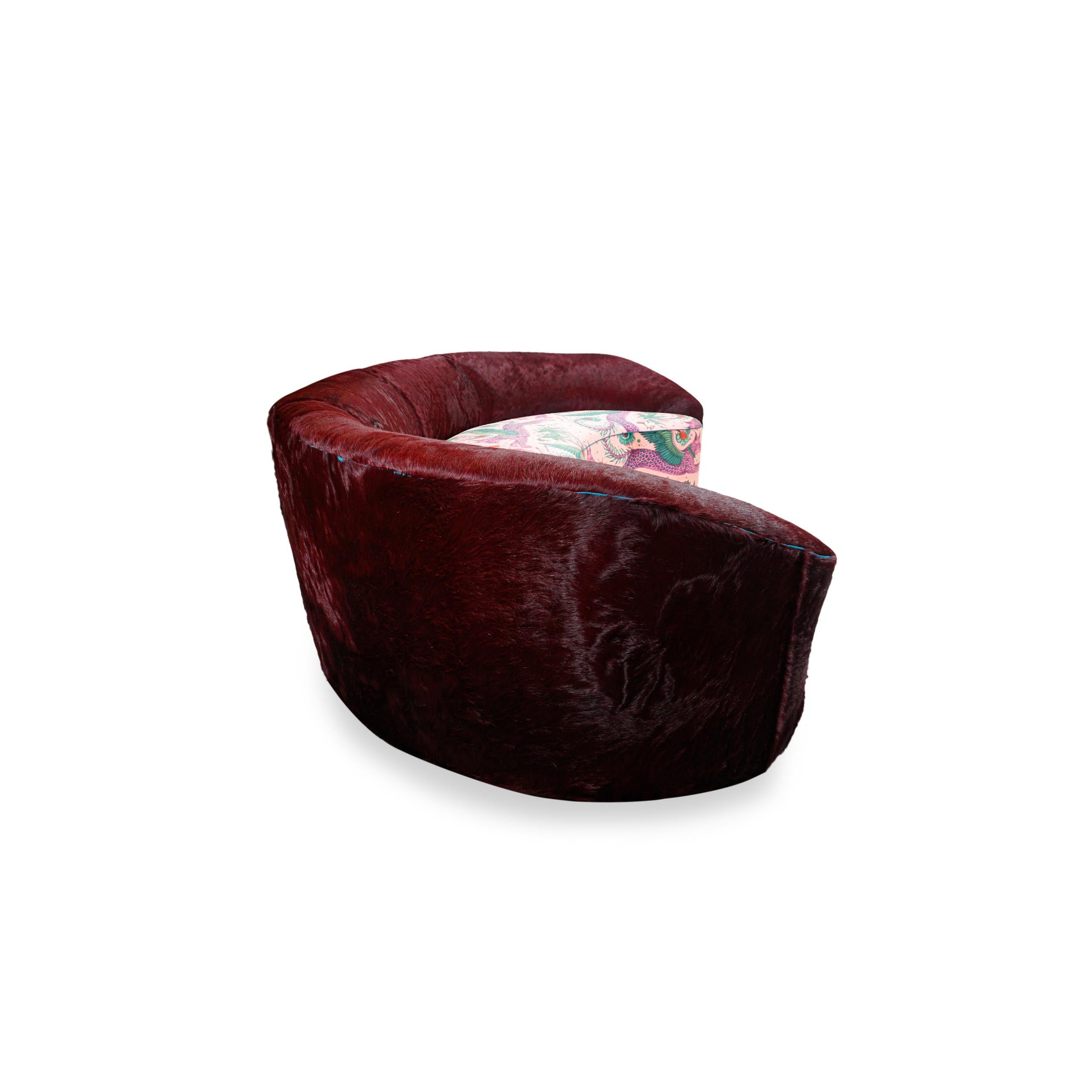 Curved Sofa with Oxblood Cowhide and Fantastical Printed Velvet, Slope Arm For Sale 1