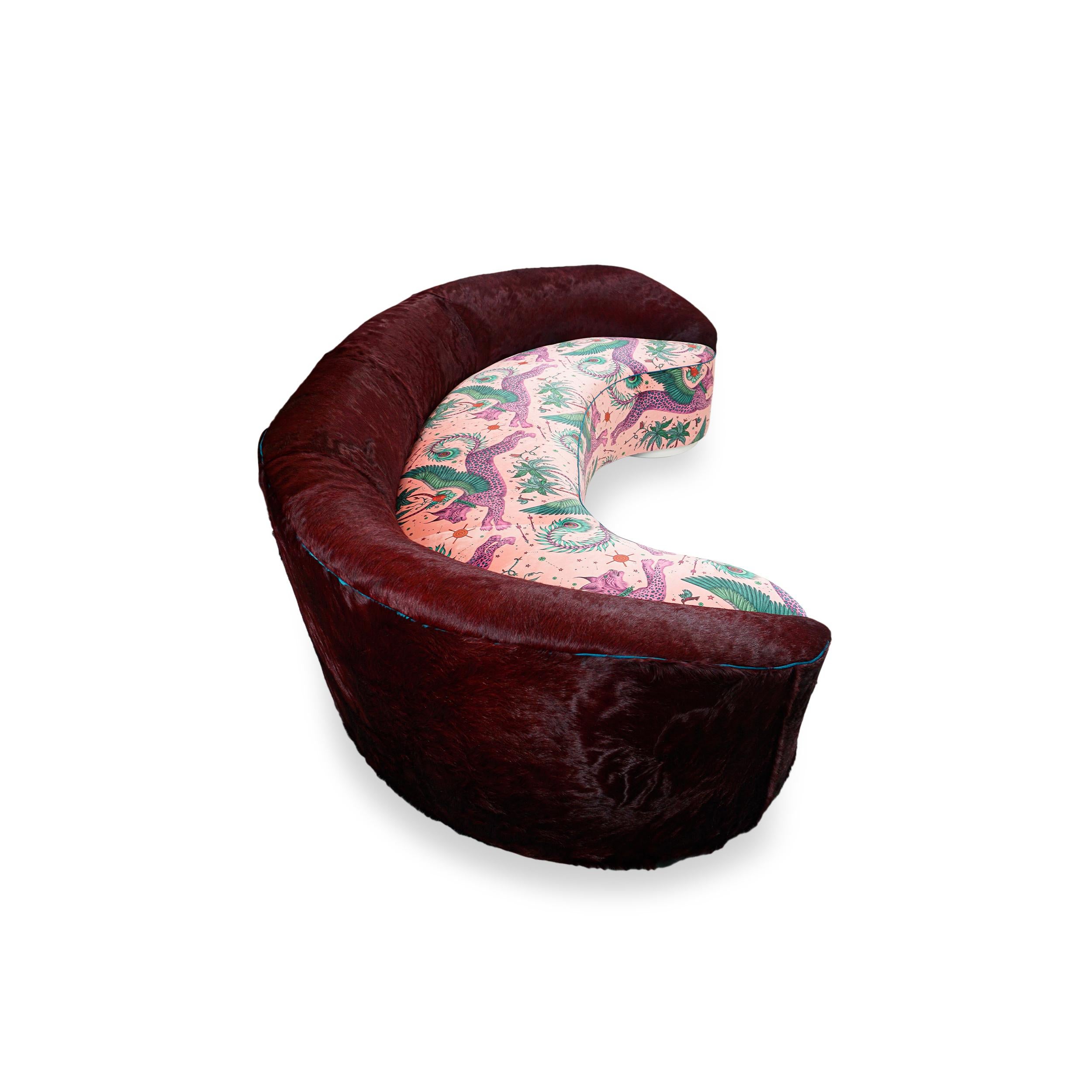 Curved Sofa with Oxblood Cowhide and Fantastical Printed Velvet, Slope Arm For Sale 2