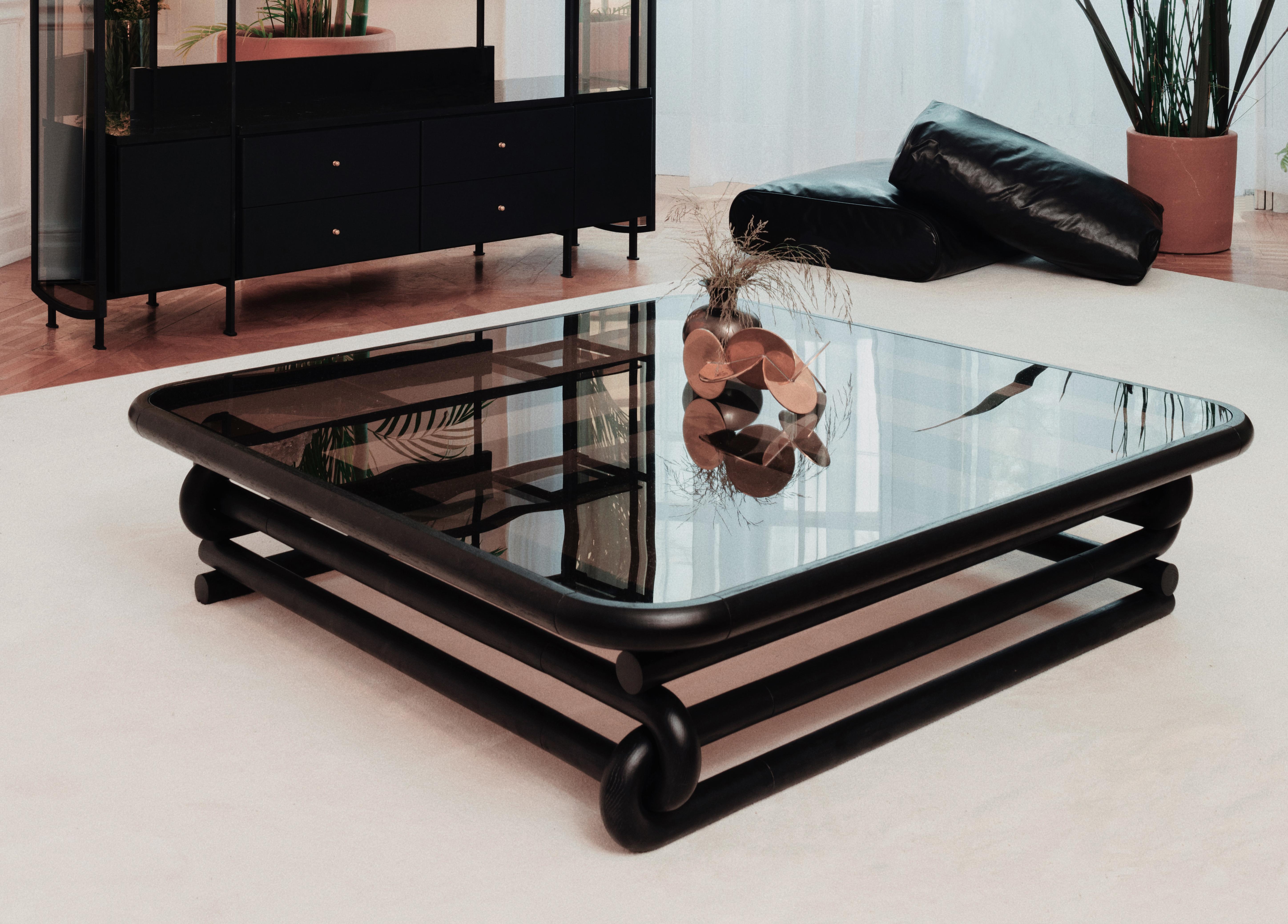 Contemporary Curved Solid Wood Coffee Table with Smoked Bronzed Glass by VIDIVIXI
