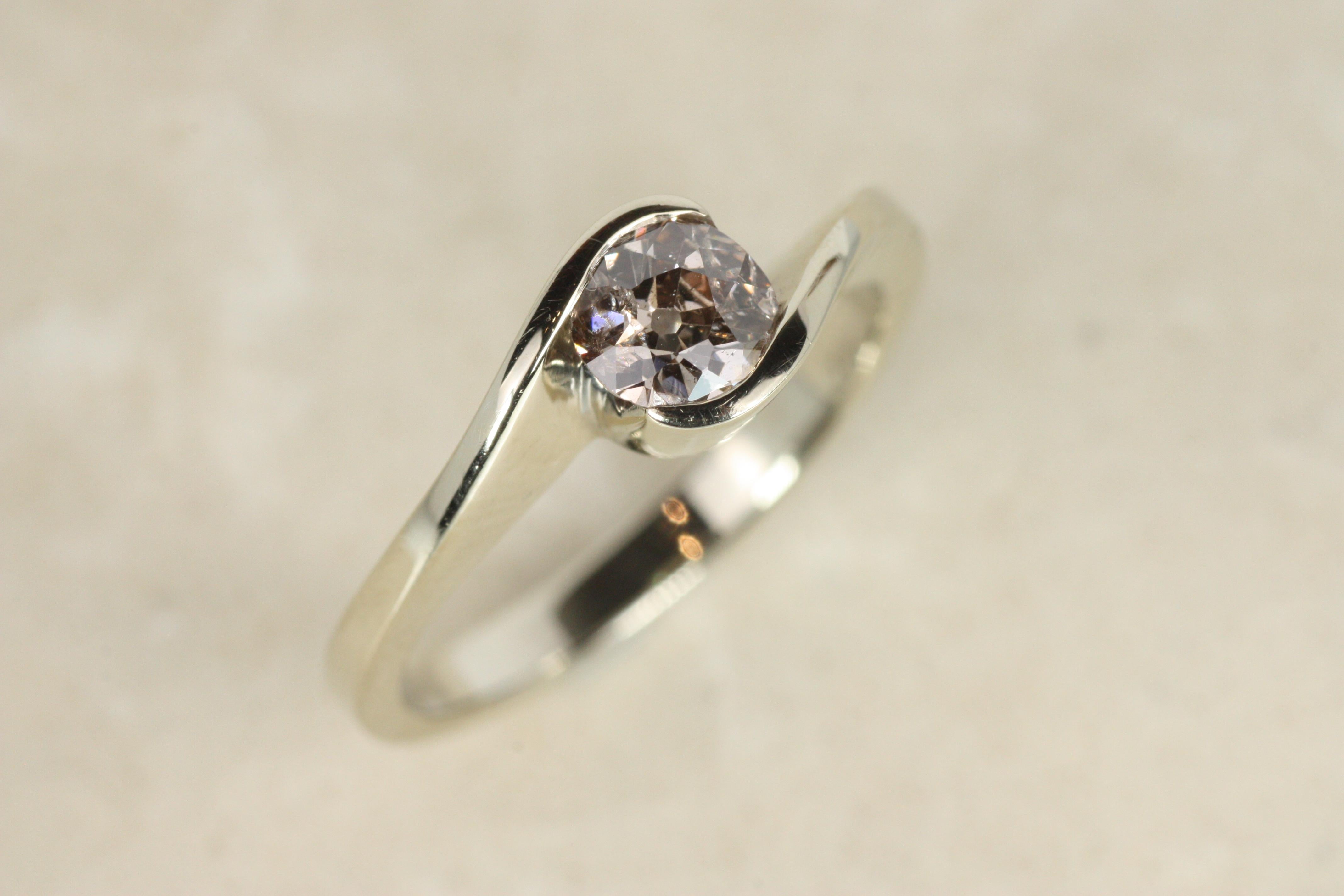Old European Cut Curved Solitaire Engagement Ring – 0.39ct Brown European Cut Diamond For Sale