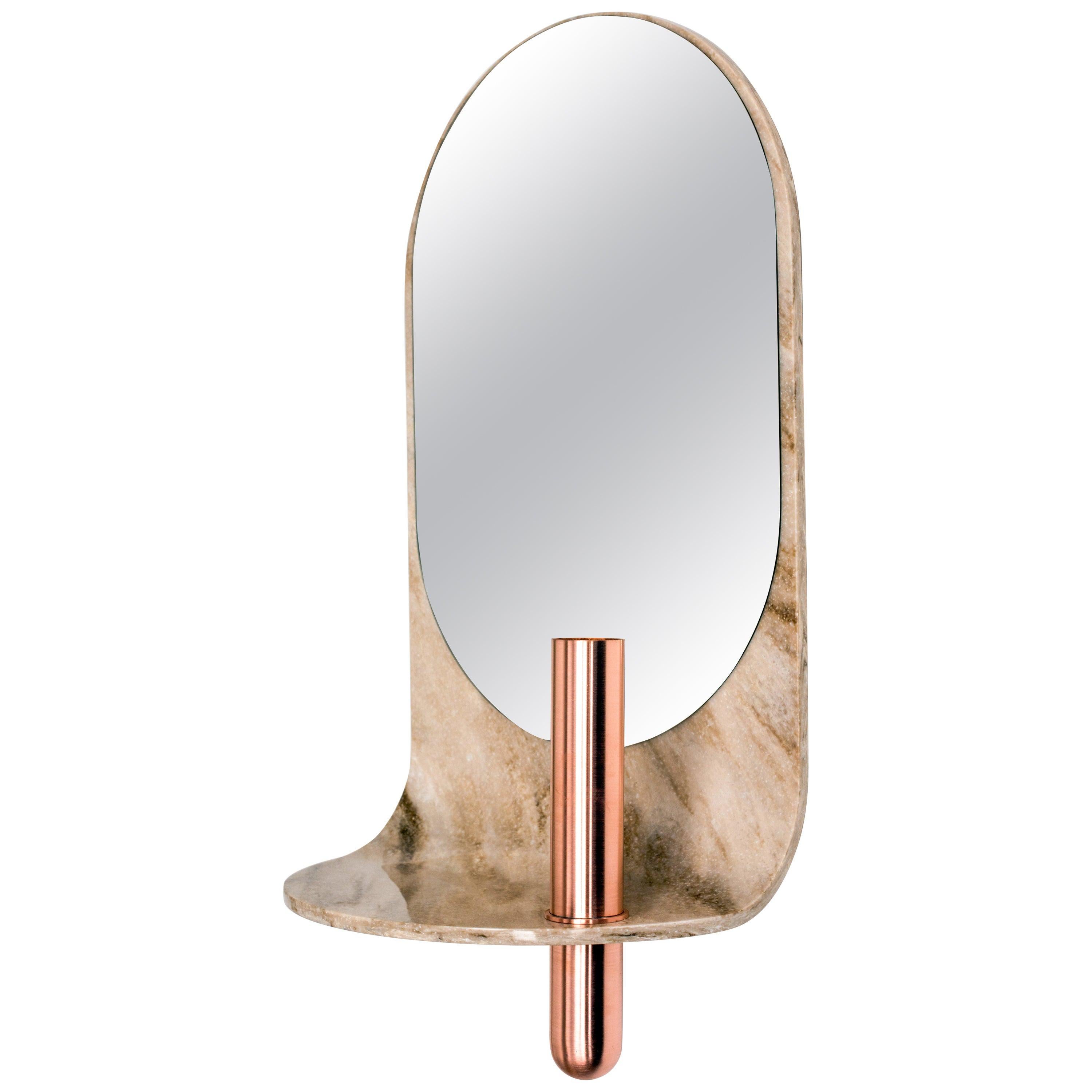 Curved Stone Wall Mirror with Bronze Vase