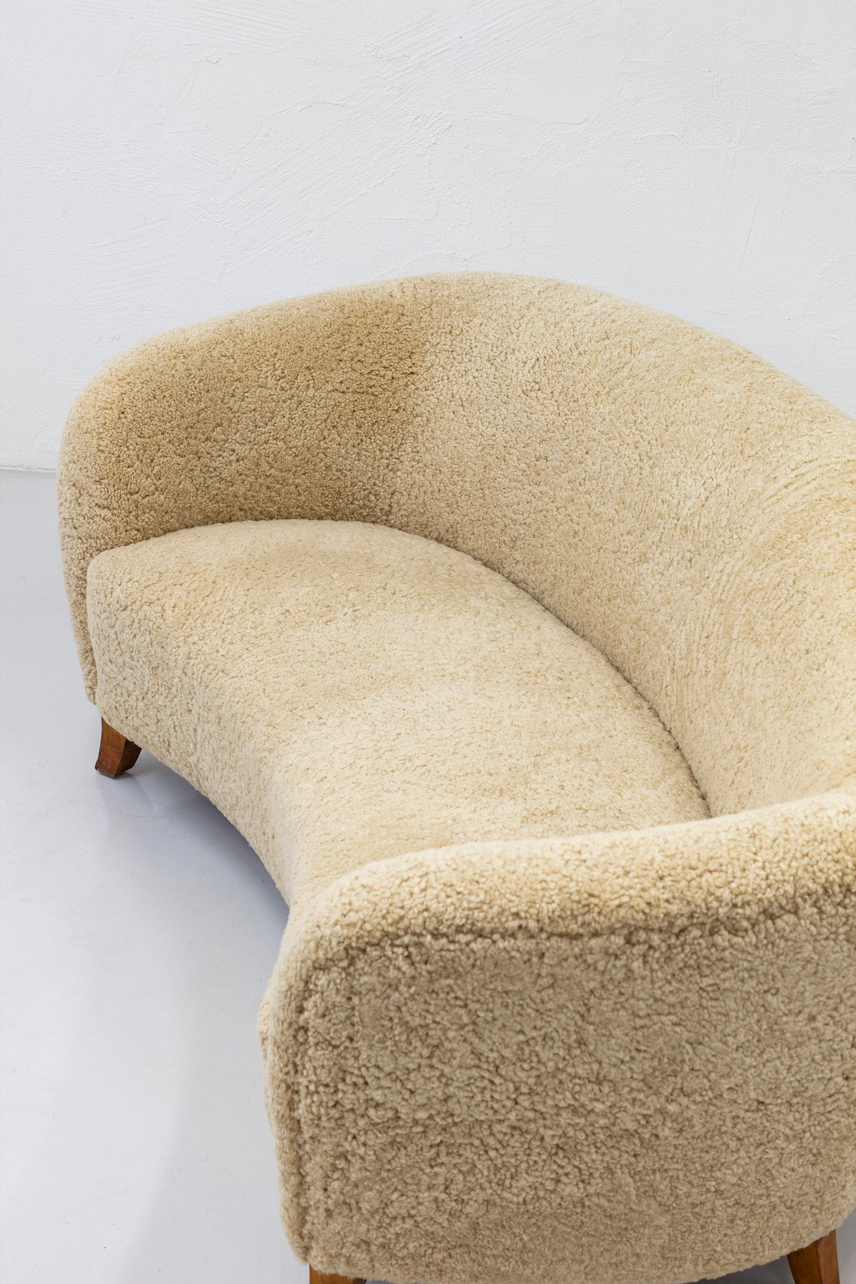 Curved Swedish Modern Sofa with Sheepskin, Sweden, 1930-40s 5