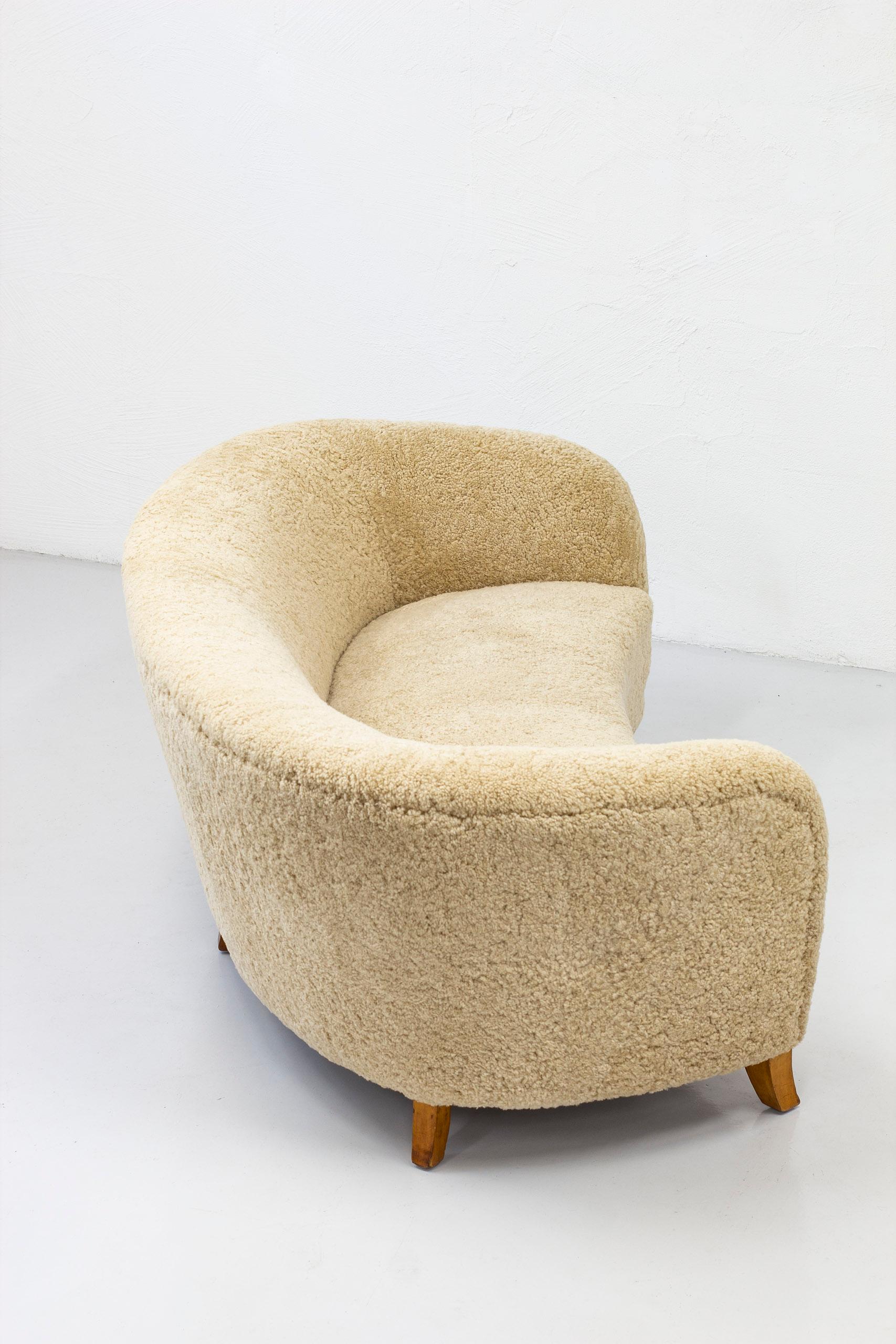 Scandinavian Modern Curved Swedish Modern Sofa with Sheepskin, Sweden, 1930-40s