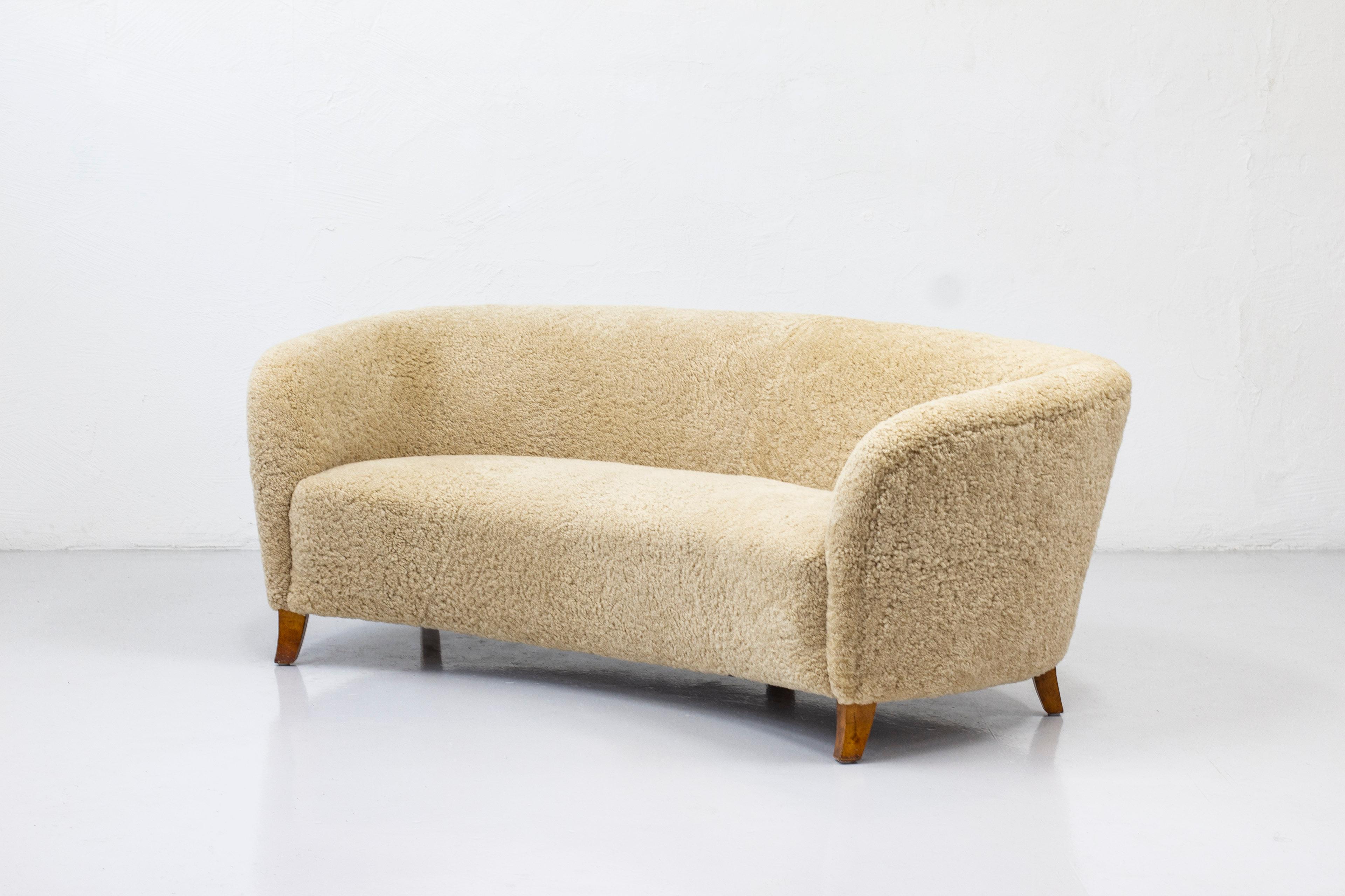 Curved Swedish Modern Sofa with Sheepskin, Sweden, 1930-40s 1
