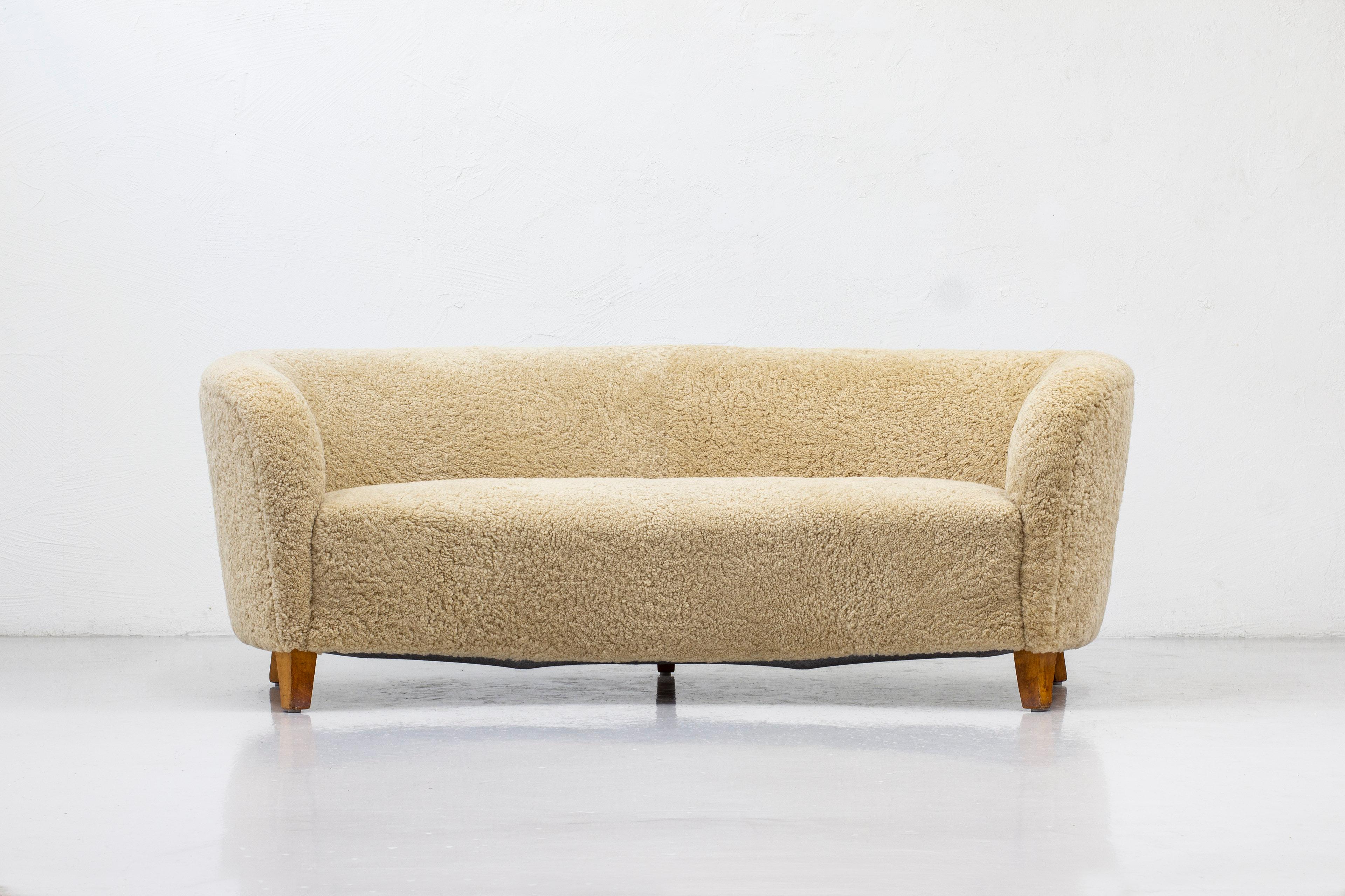 Curved Swedish Modern Sofa with Sheepskin, Sweden, 1930-40s 2