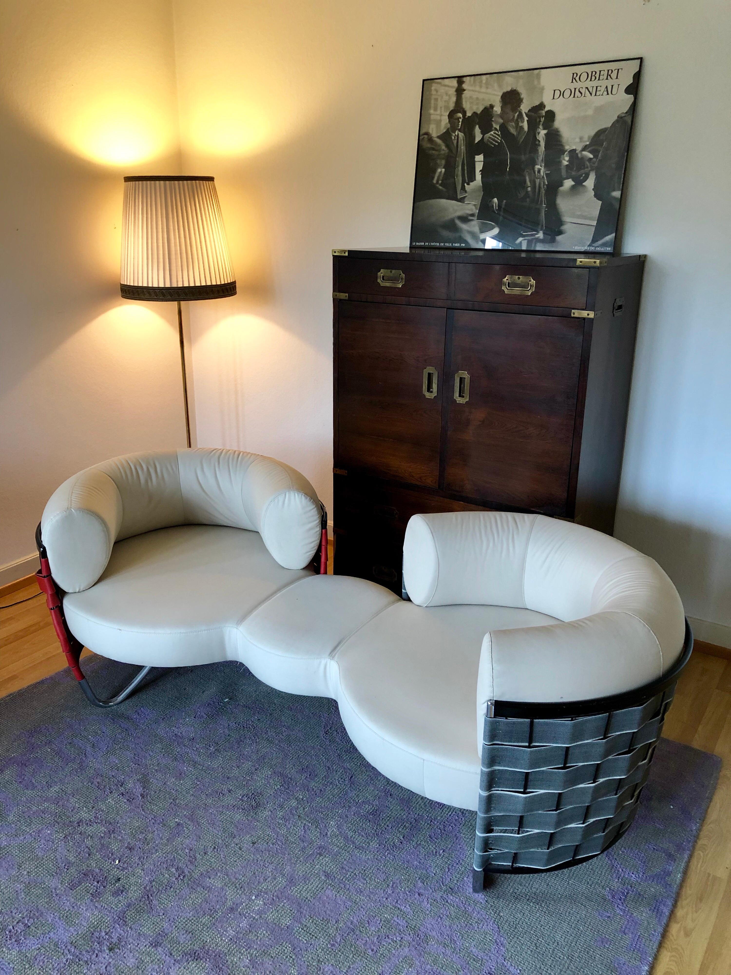 Beautiful two seated white textile design prototype settee, made in Switzerland.