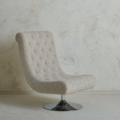 Curved Swivel Lounge Chair in Wool Boucle With Chrome Tulip Base, France 1950s