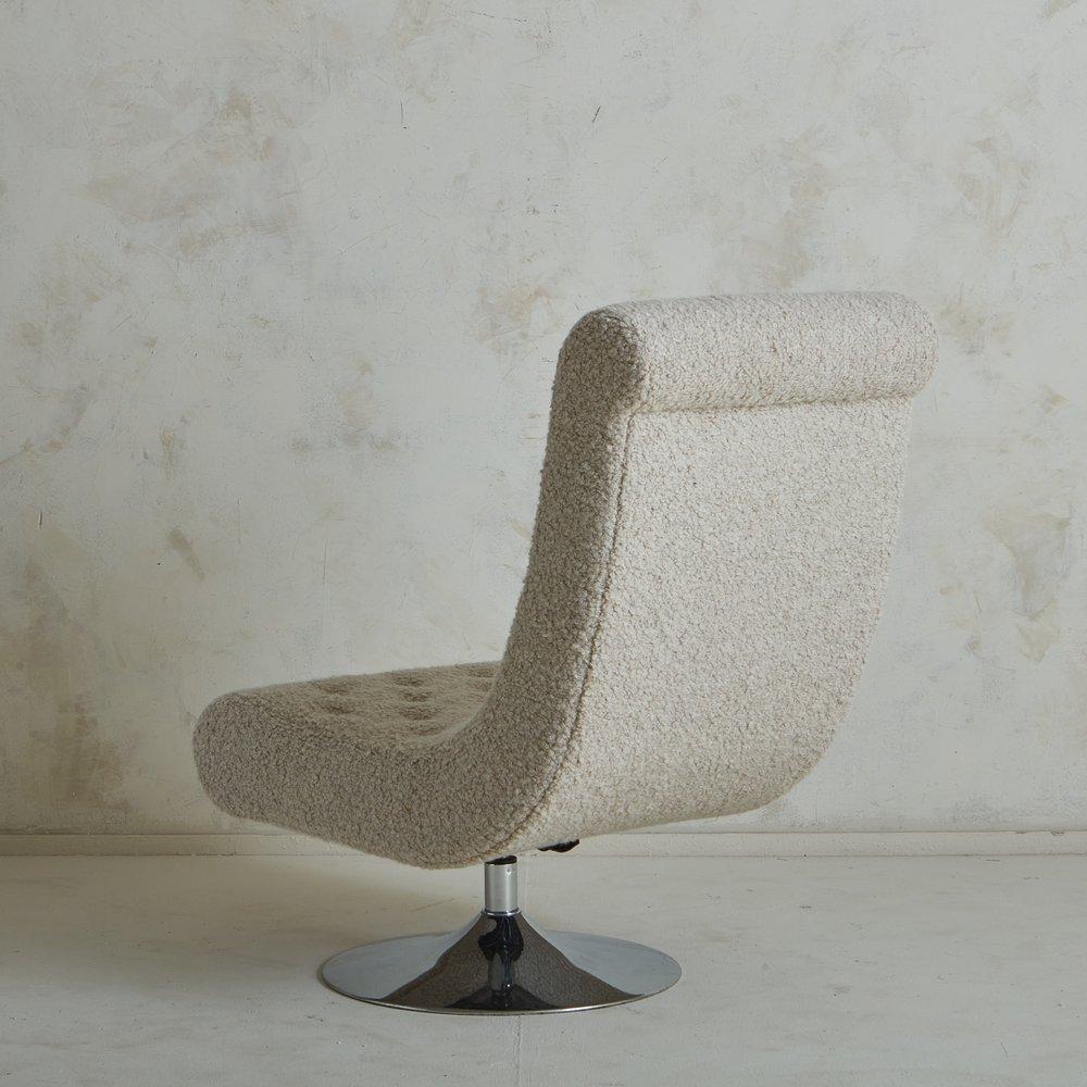 French Curved Swivel Lounge Chair in Wool Boucle With Chrome Tulip Base, France 1950s