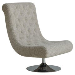 Curved Swivel Lounge Chair in Wool Boucle With Chrome Tulip Base, France 1950s