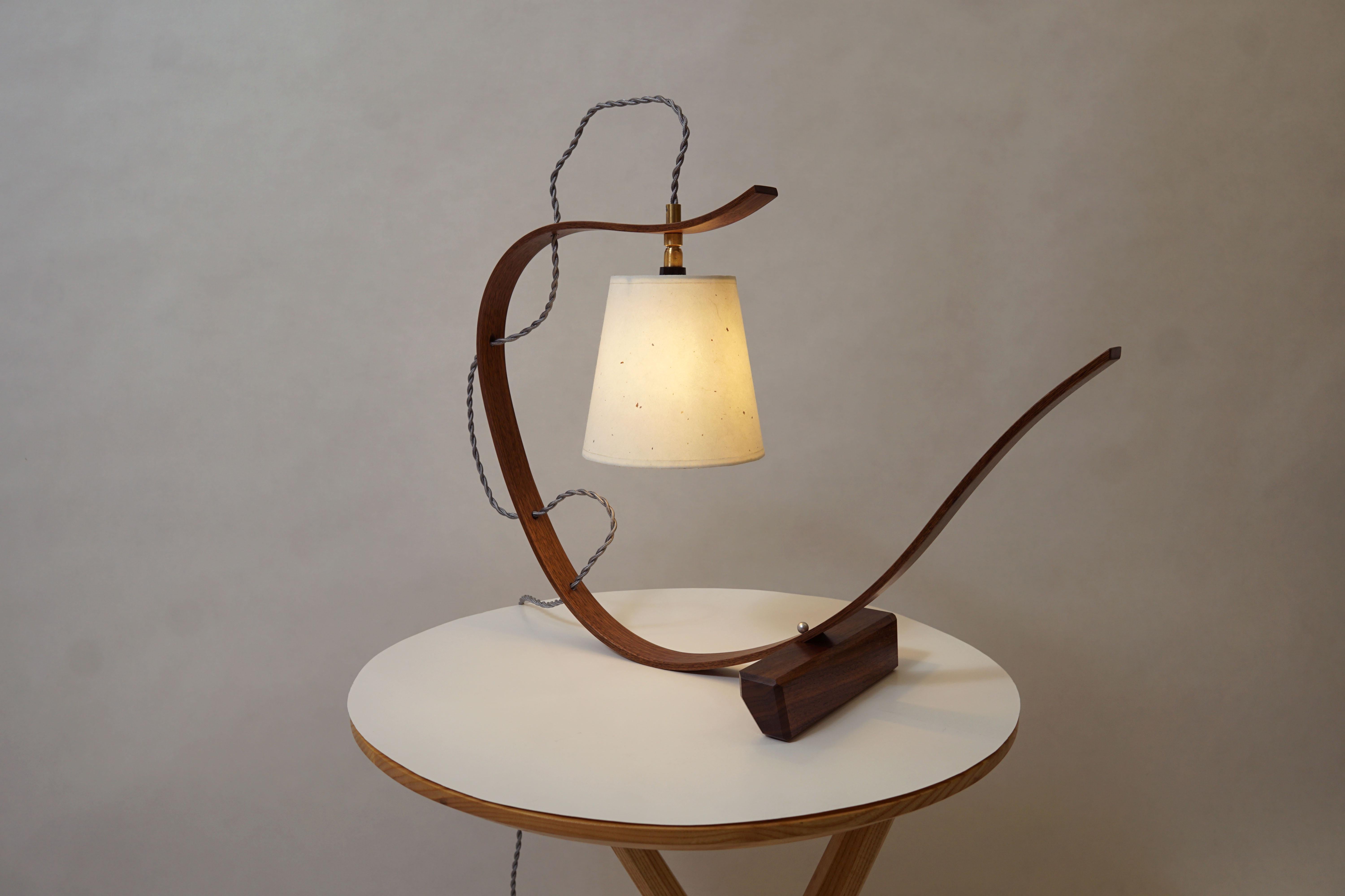 Curved Table Lamp Sculpture, Handcrafted in Walnut Wood with Walnut Base For Sale 5