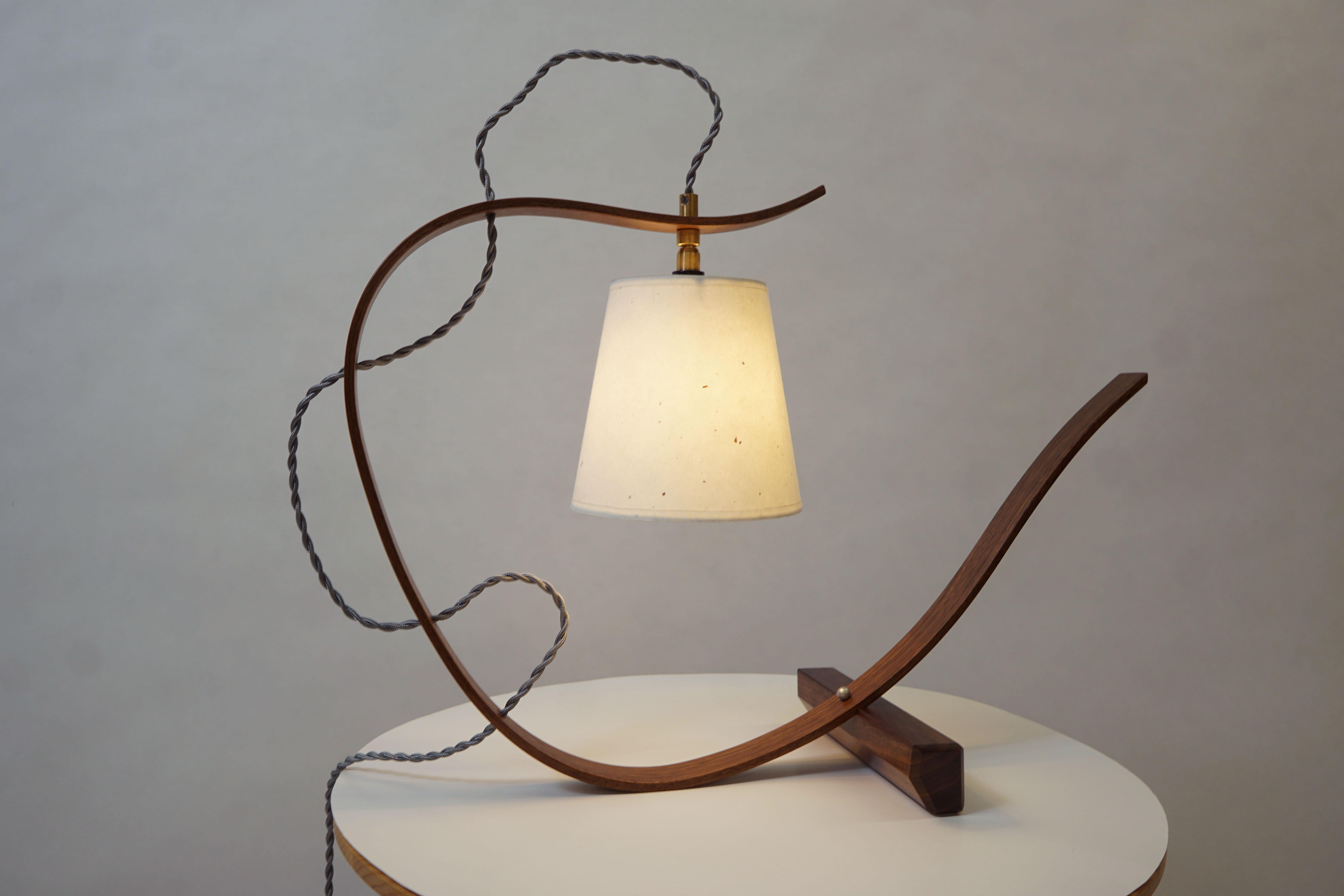 Curved Table Lamp Sculpture, Handcrafted in Walnut Wood with Walnut Base For Sale 6
