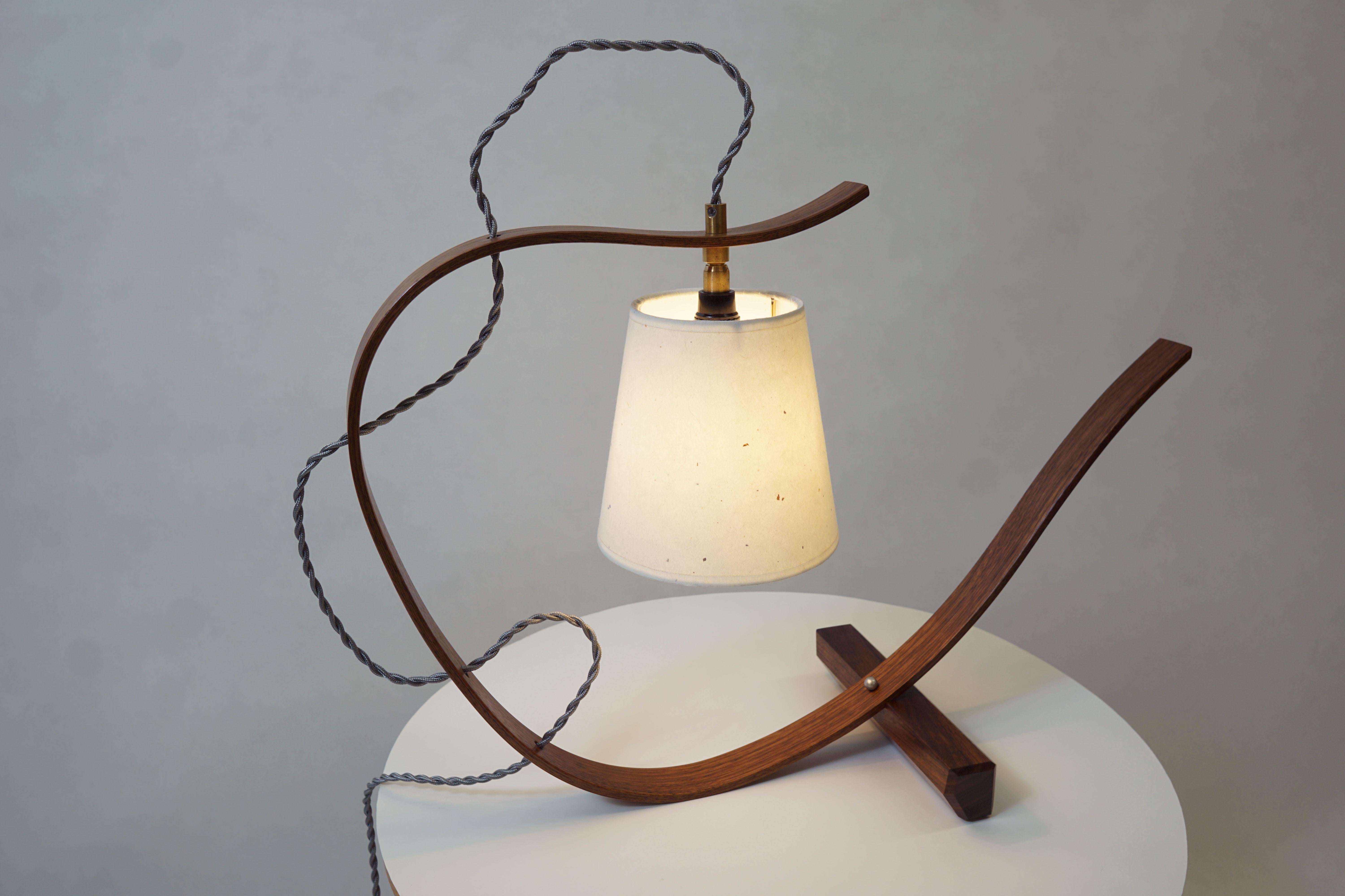 American Curved Table Lamp Sculpture, Handcrafted in Walnut Wood with Walnut Base For Sale