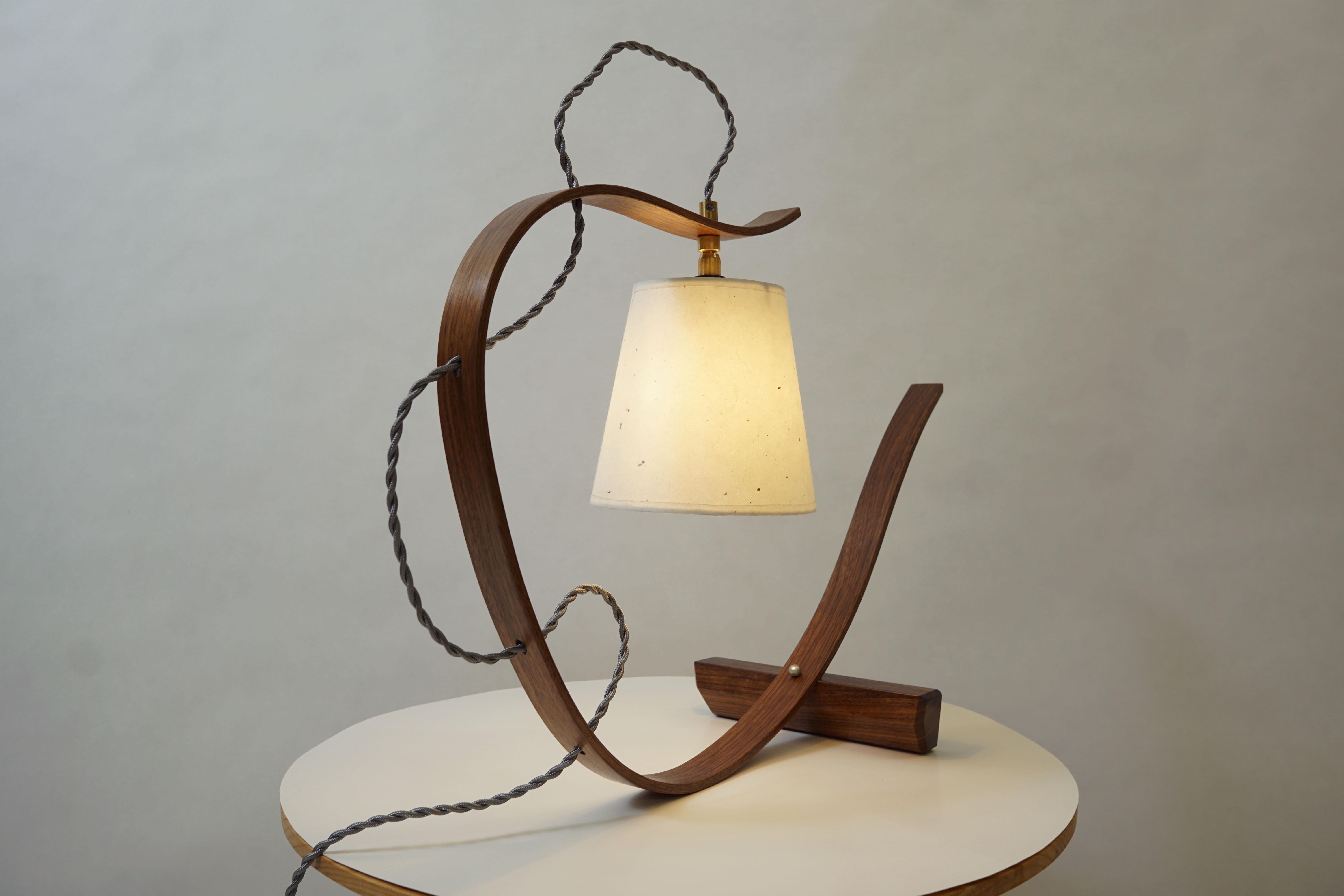 Curved Table Lamp Sculpture, Handcrafted in Walnut Wood with Walnut Base In New Condition For Sale In Southampton, MA