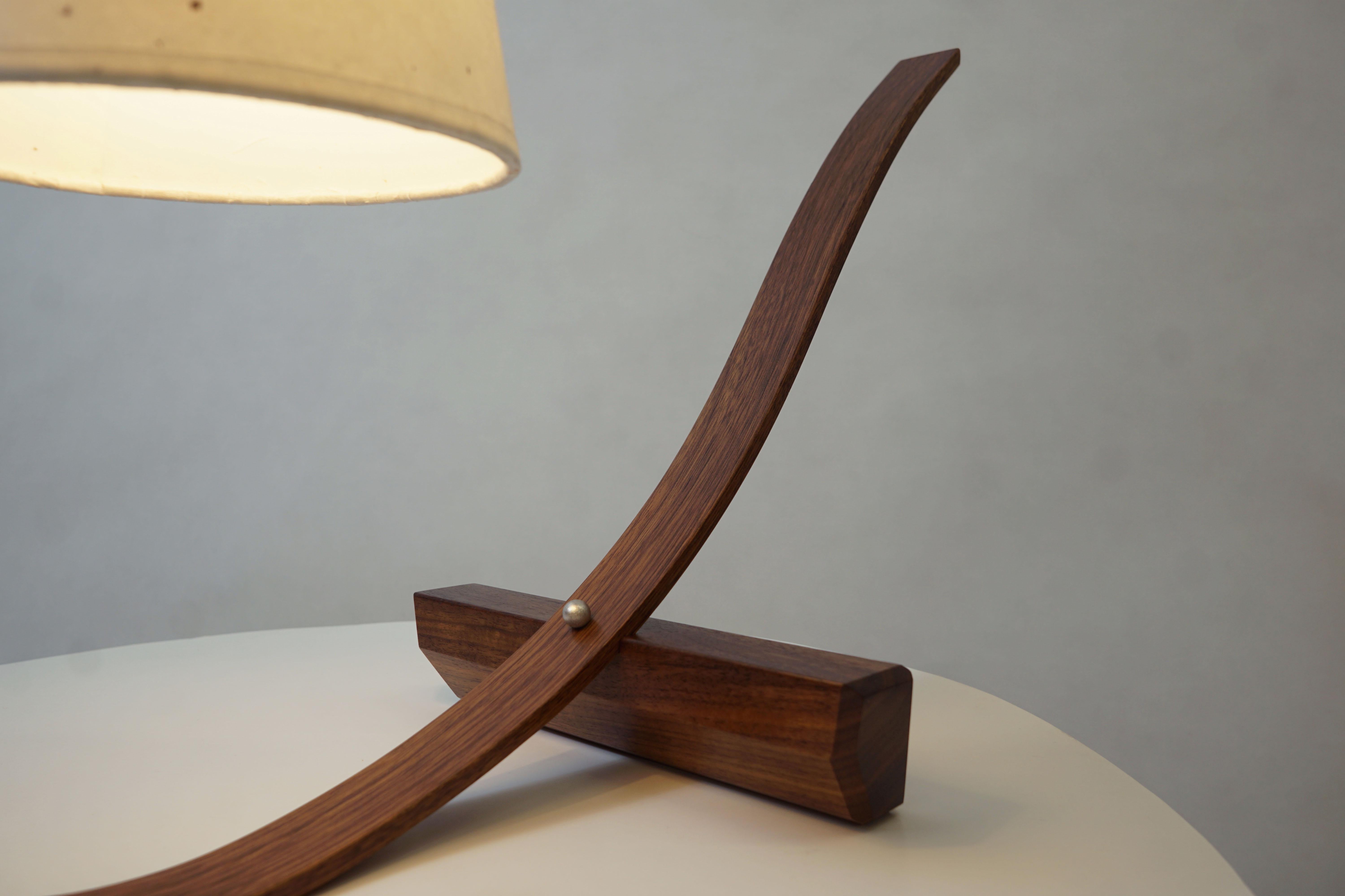 Contemporary Curved Table Lamp Sculpture, Handcrafted in Walnut Wood with Walnut Base For Sale