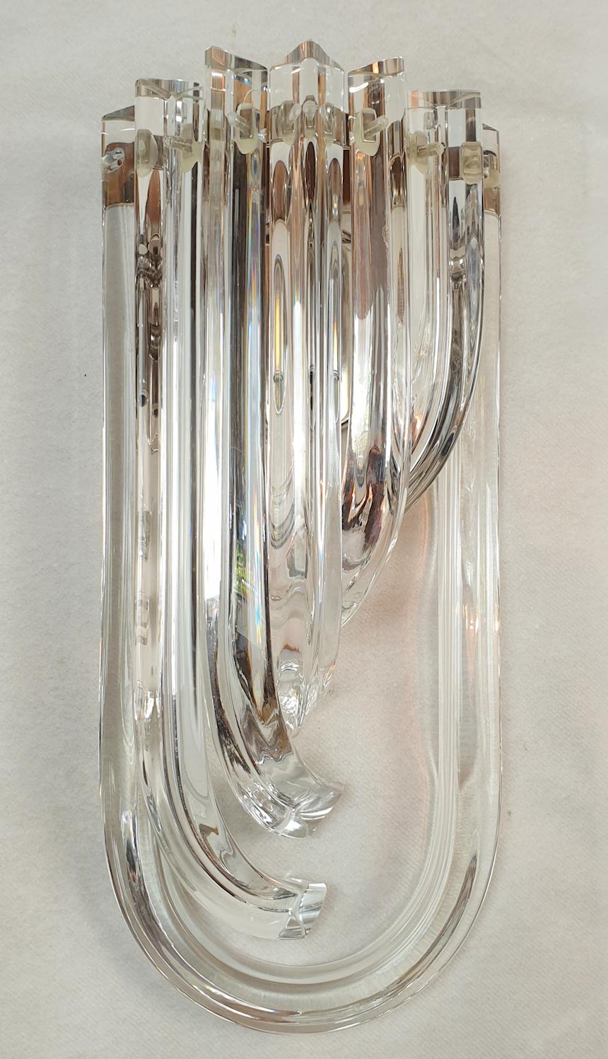 Italian Curved Triedri Clear Murano Glass Sconces, Mid-Century Modern by Venini Italy