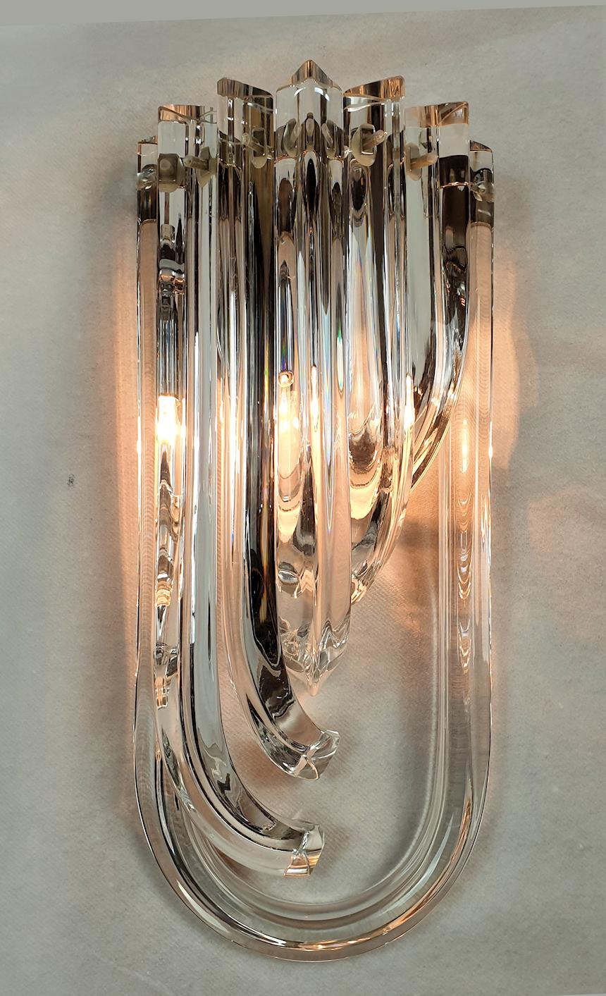 Hand-Crafted Curved Triedri Clear Murano Glass Sconces, Mid-Century Modern by Venini Italy