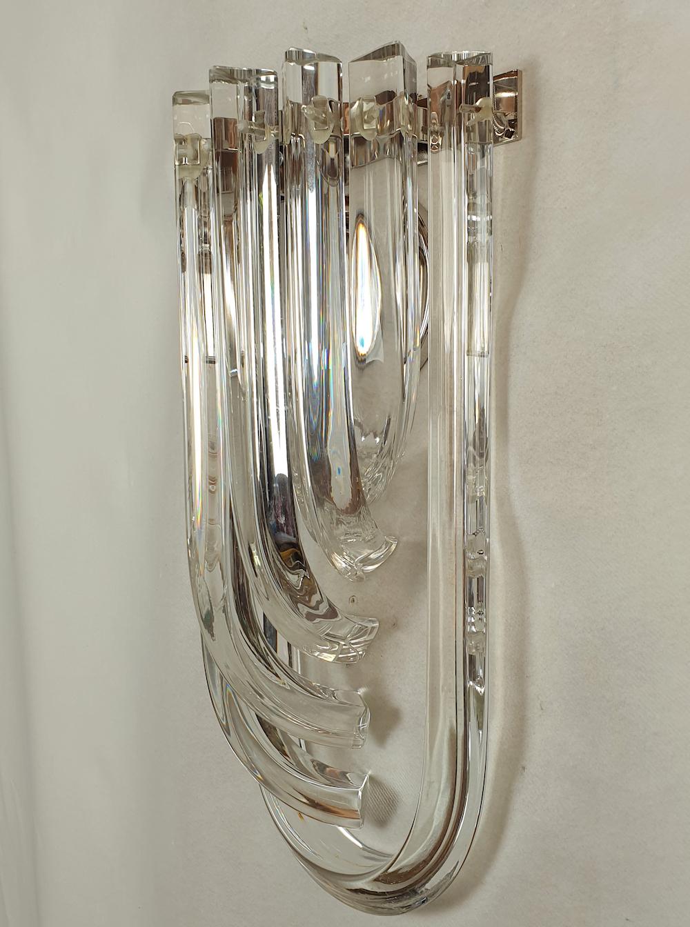 Late 20th Century Curved Triedri Clear Murano Glass Sconces, Mid-Century Modern by Venini Italy