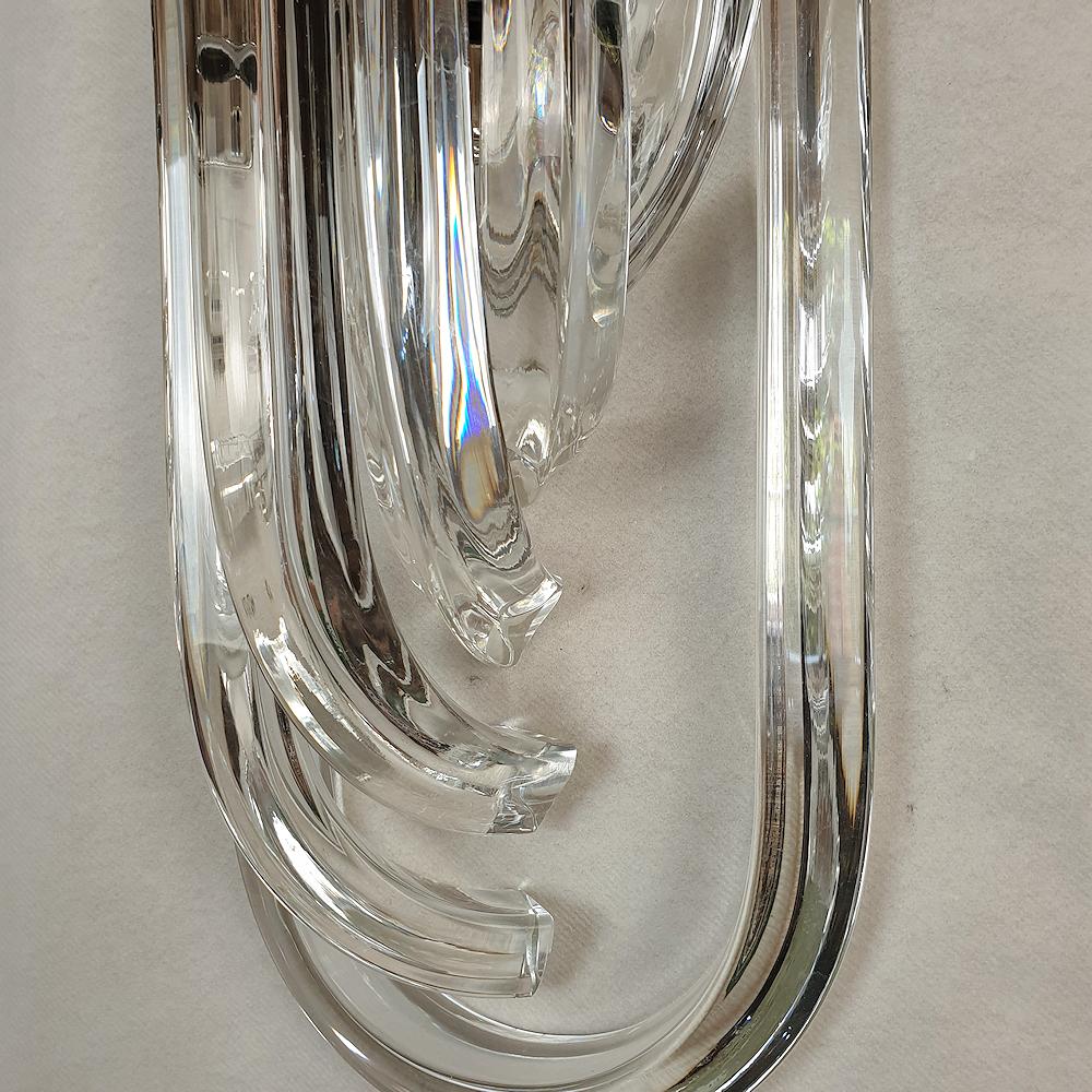 Chrome Curved Triedri Clear Murano Glass Sconces, Mid-Century Modern by Venini Italy