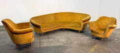 Curved Velvet Sofa by Federico Munari with Matching Armchairs, Italy, 1950s