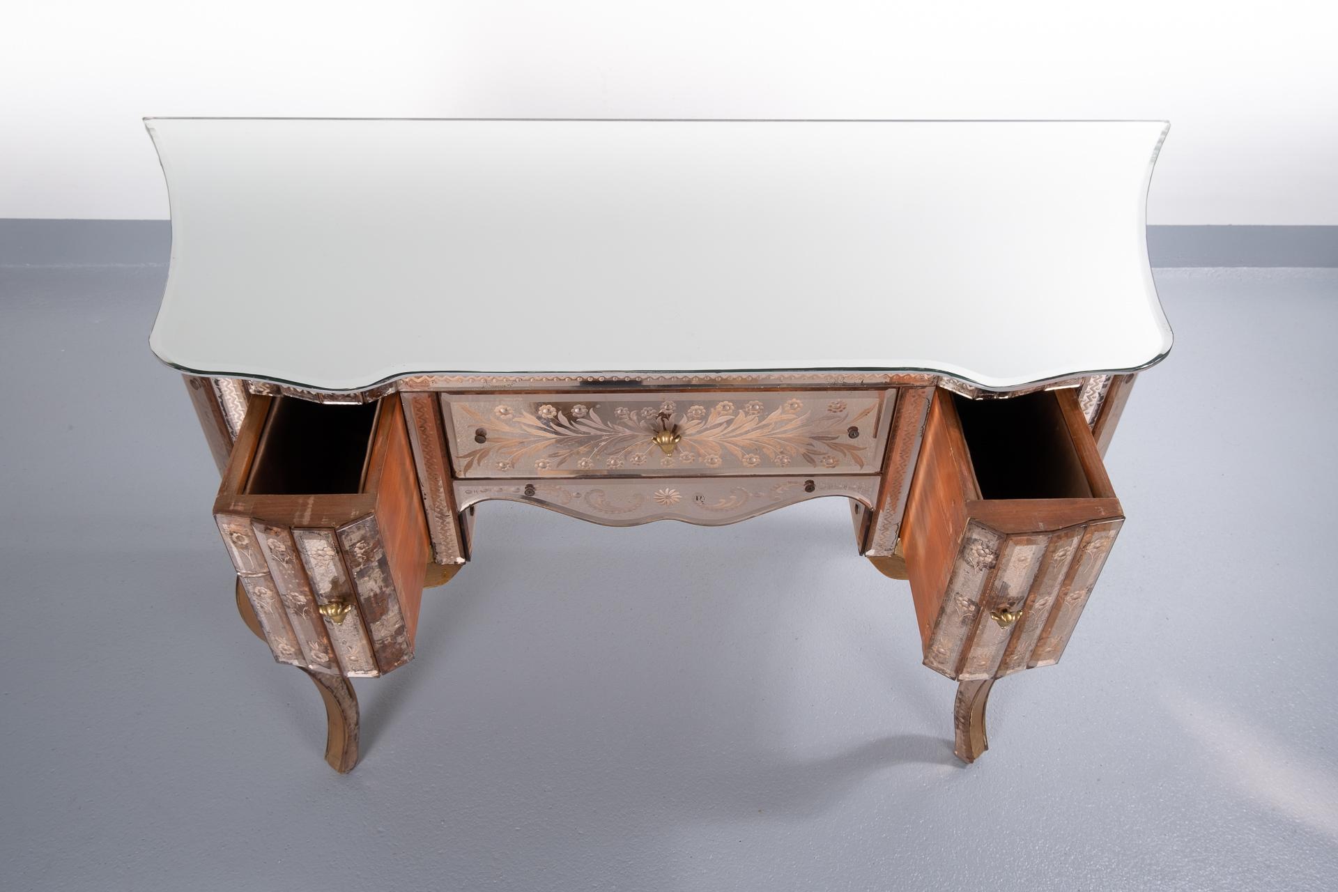 Curved Venetian Mirror Desk and Stool, 1920-1930 5