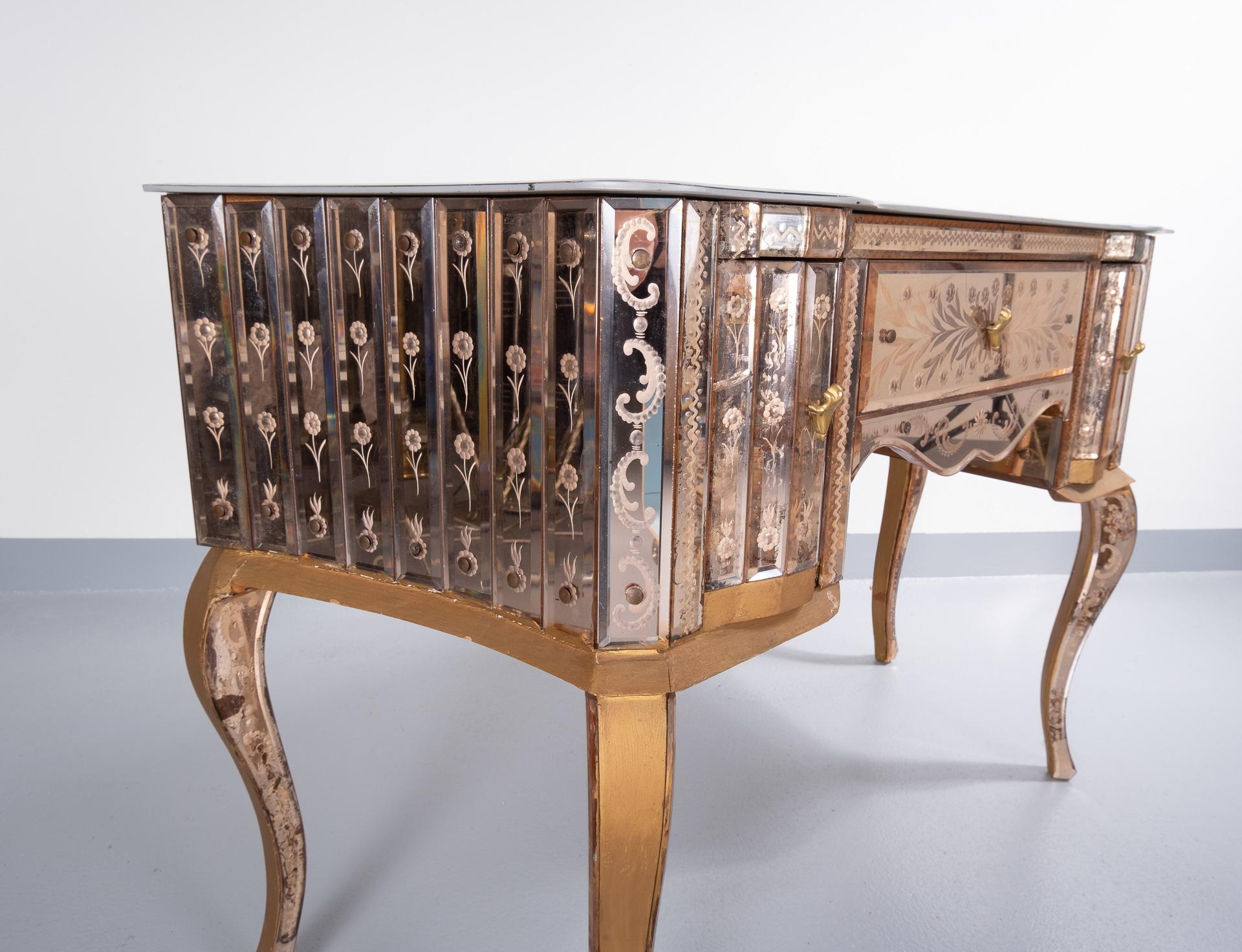 Curved Venetian Mirror Desk and Stool, 1920-1930 12