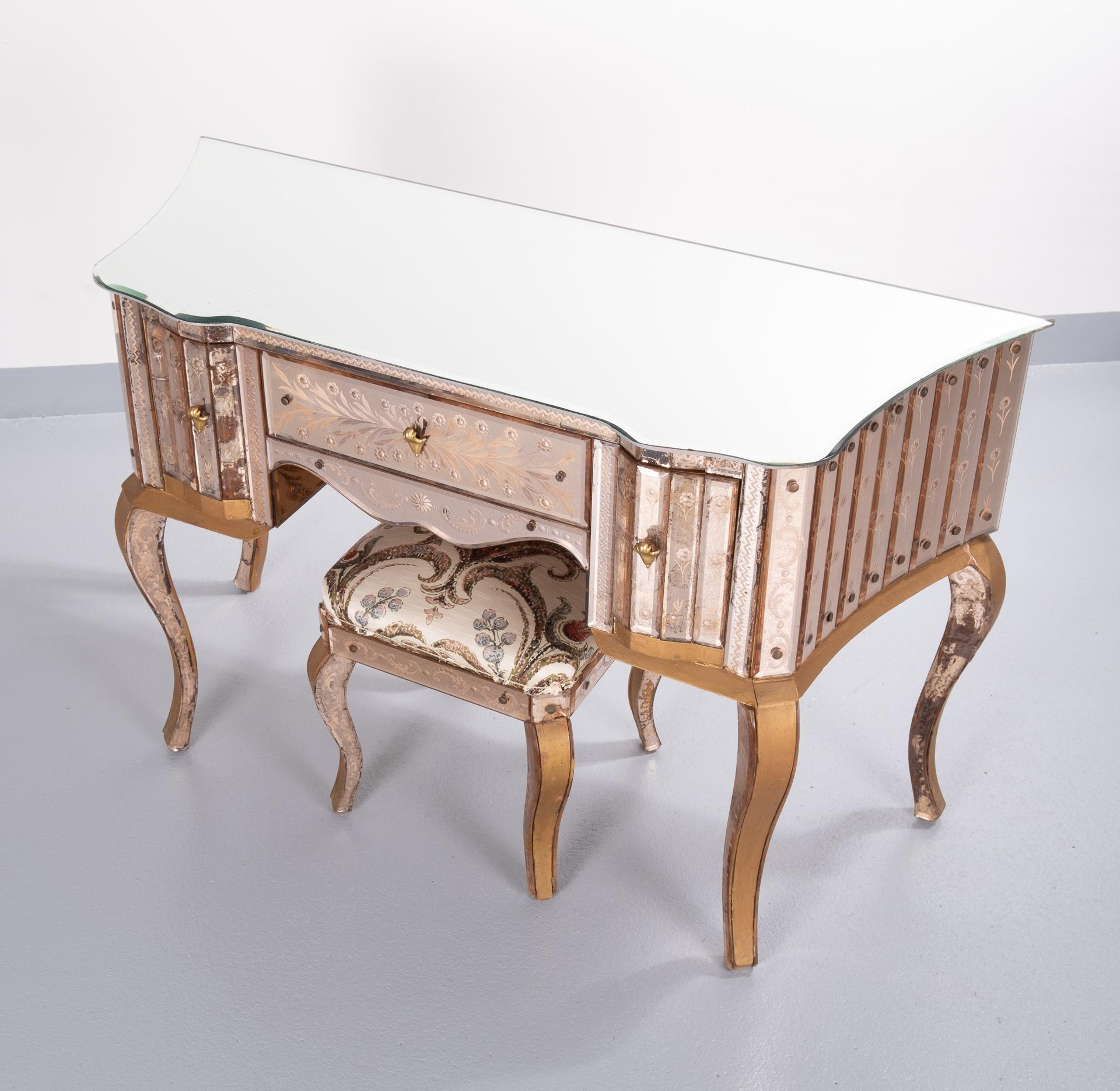 Curved Venetian Mirror Desk and Stool, 1920-1930 1