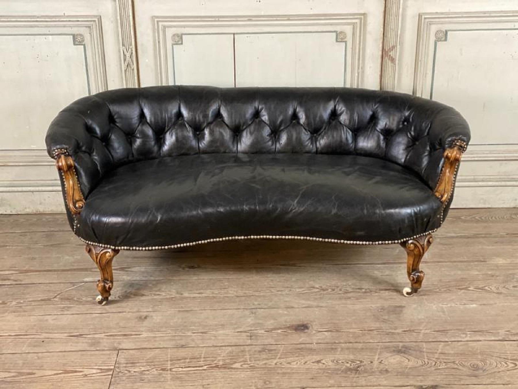 19th Century Curved Victorian Sofa, Carved Walnut and Leather
