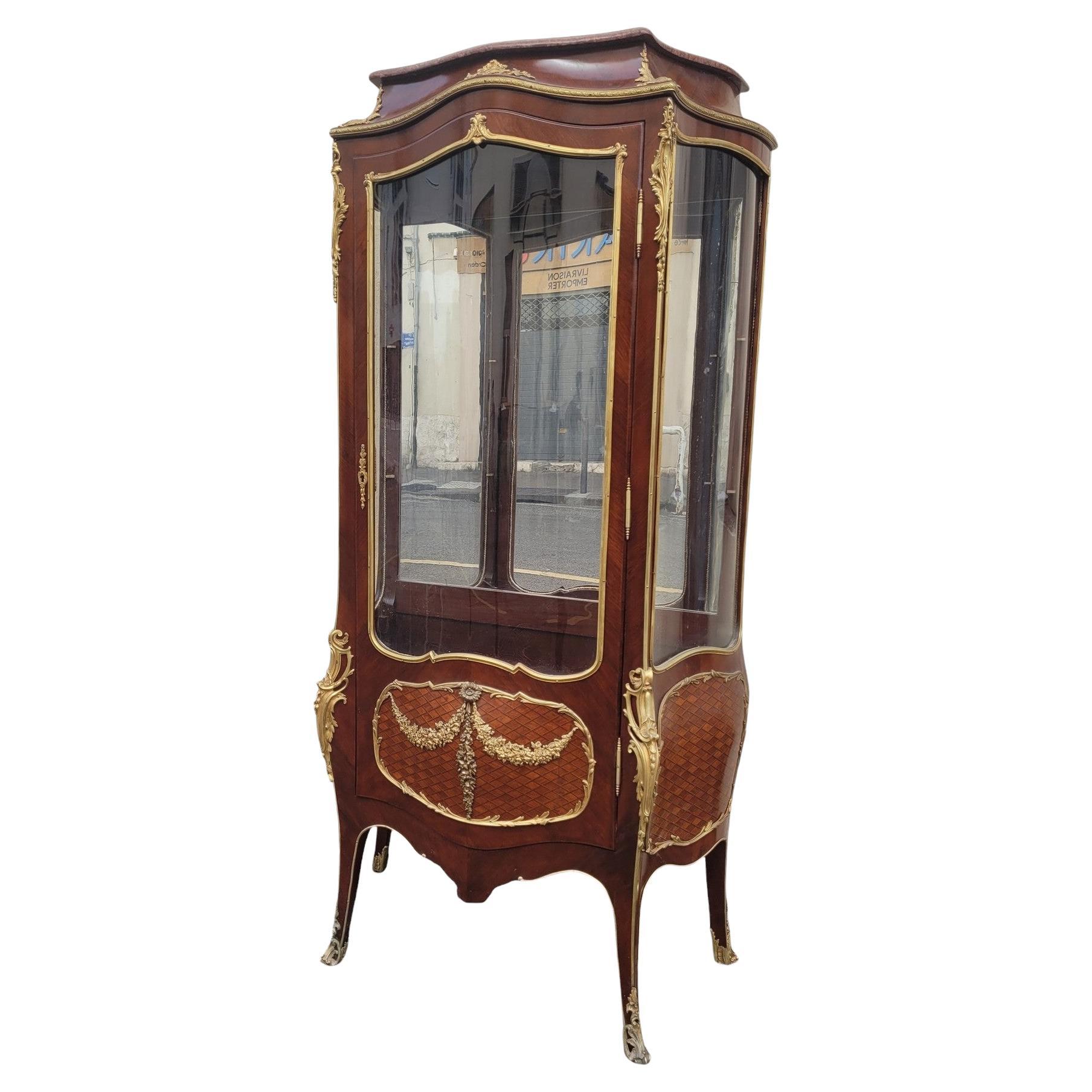 Curved Vitrine In Marquetry And Bronze, Napoleon III, 19th Century