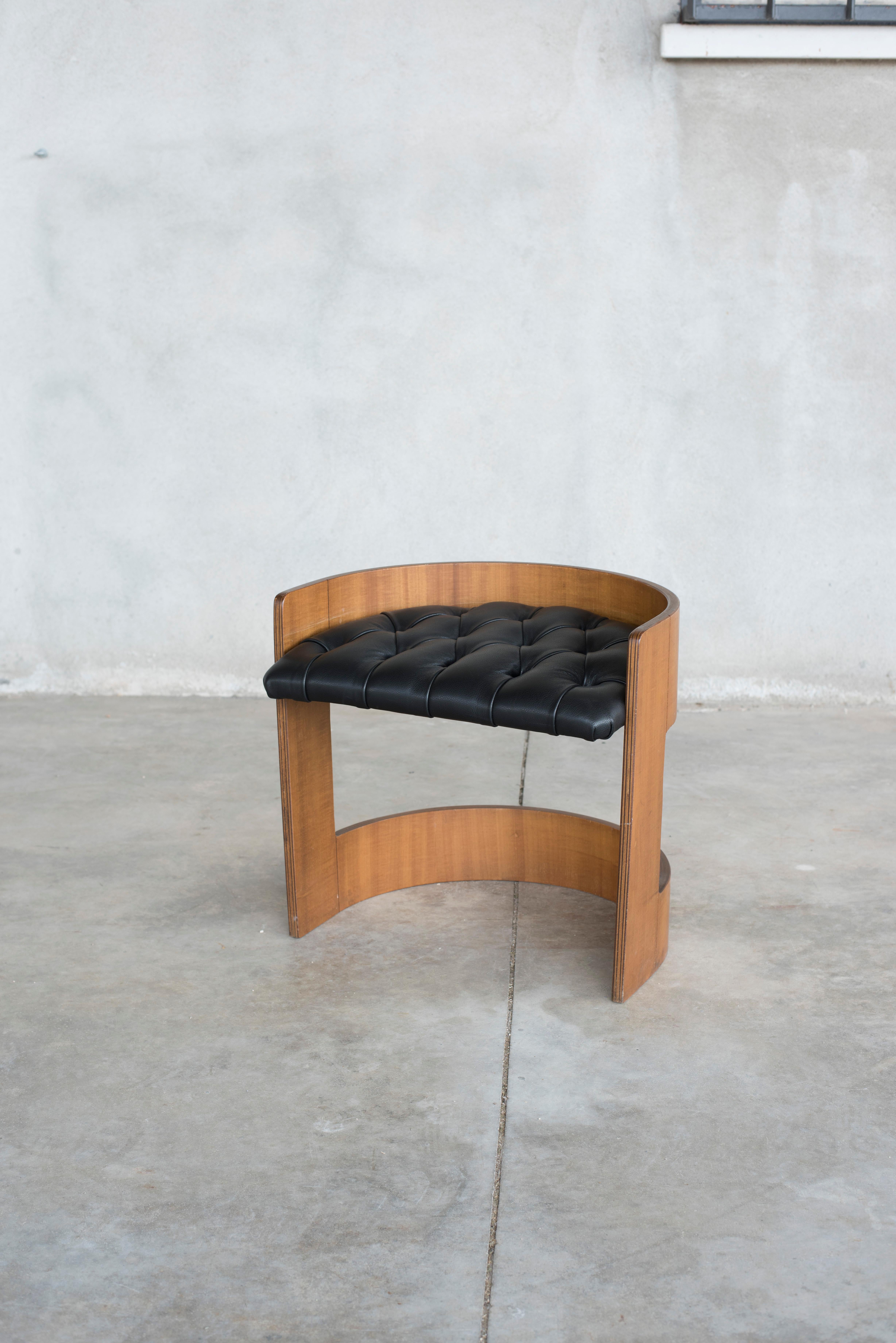 European Curved Wood and Leather Seat Armchair