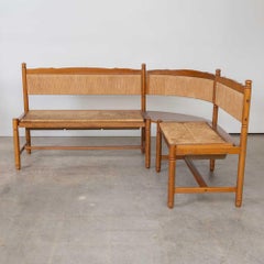 Curved Wood and Woven Banquette Bench, France 1950s