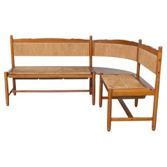 Curved Wood and Woven Banquette Bench, France 1950s Vintage Curved Wood and Woven Banquette Bench, France 1950s