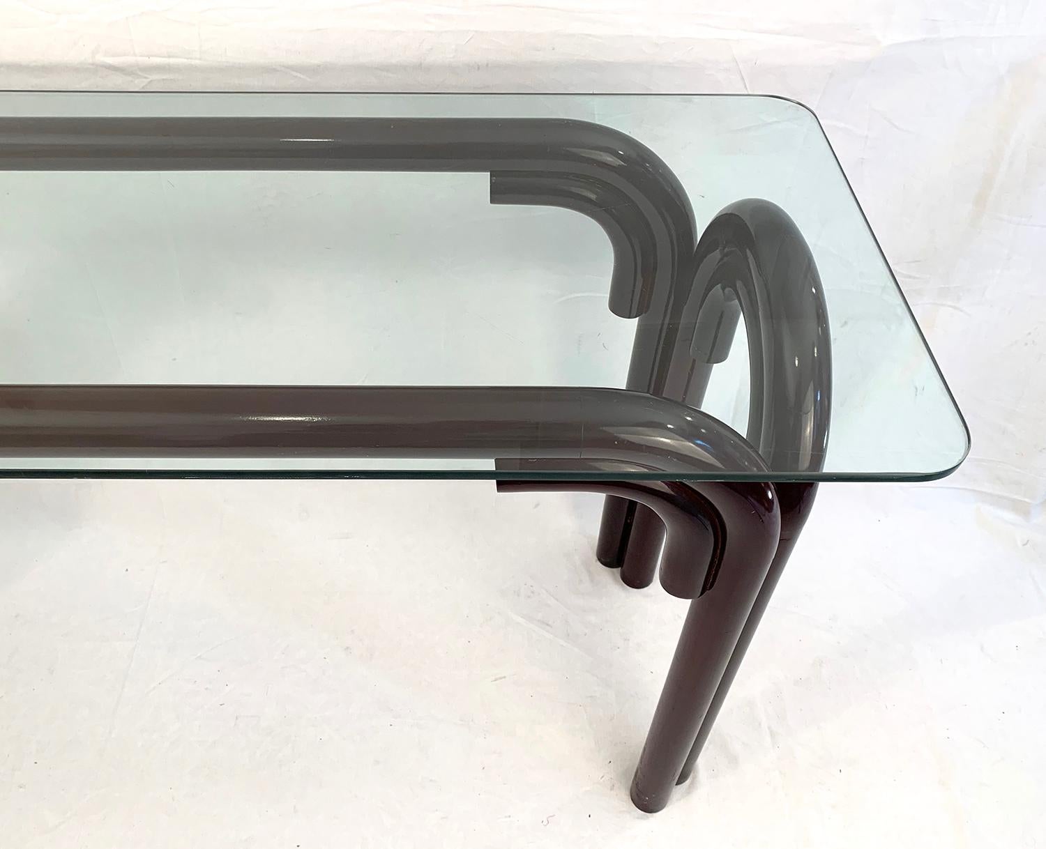 Curved Wood & Glass Top Console, 1970s For Sale 1