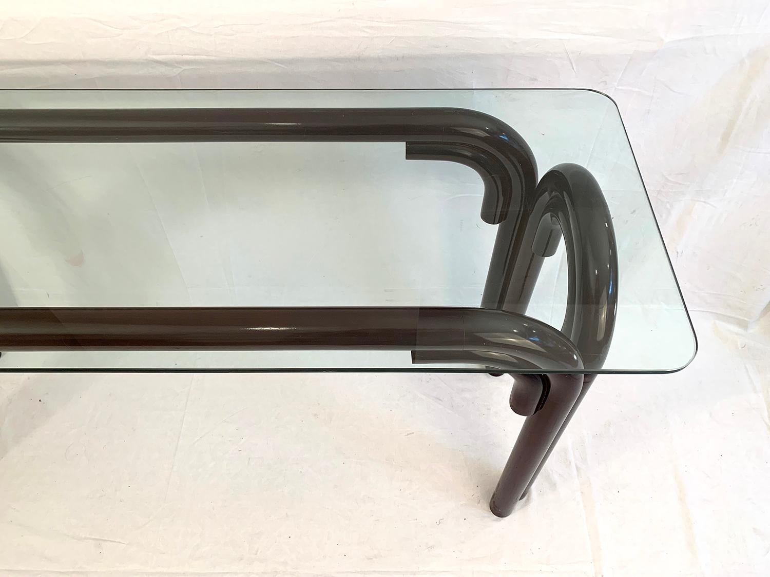 Curved Wood & Glass Top Console, 1970s For Sale 2