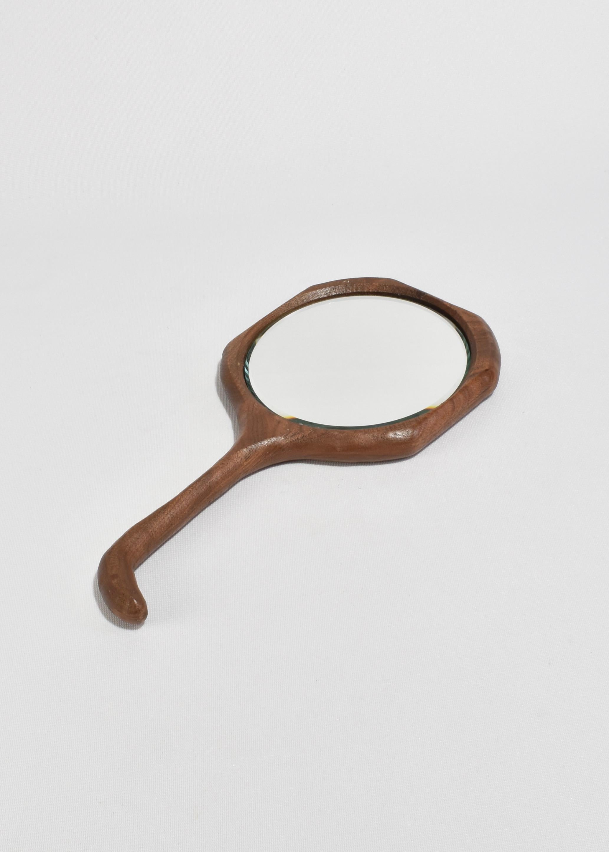 Hand-Crafted Curved Wooden Hand Mirror For Sale