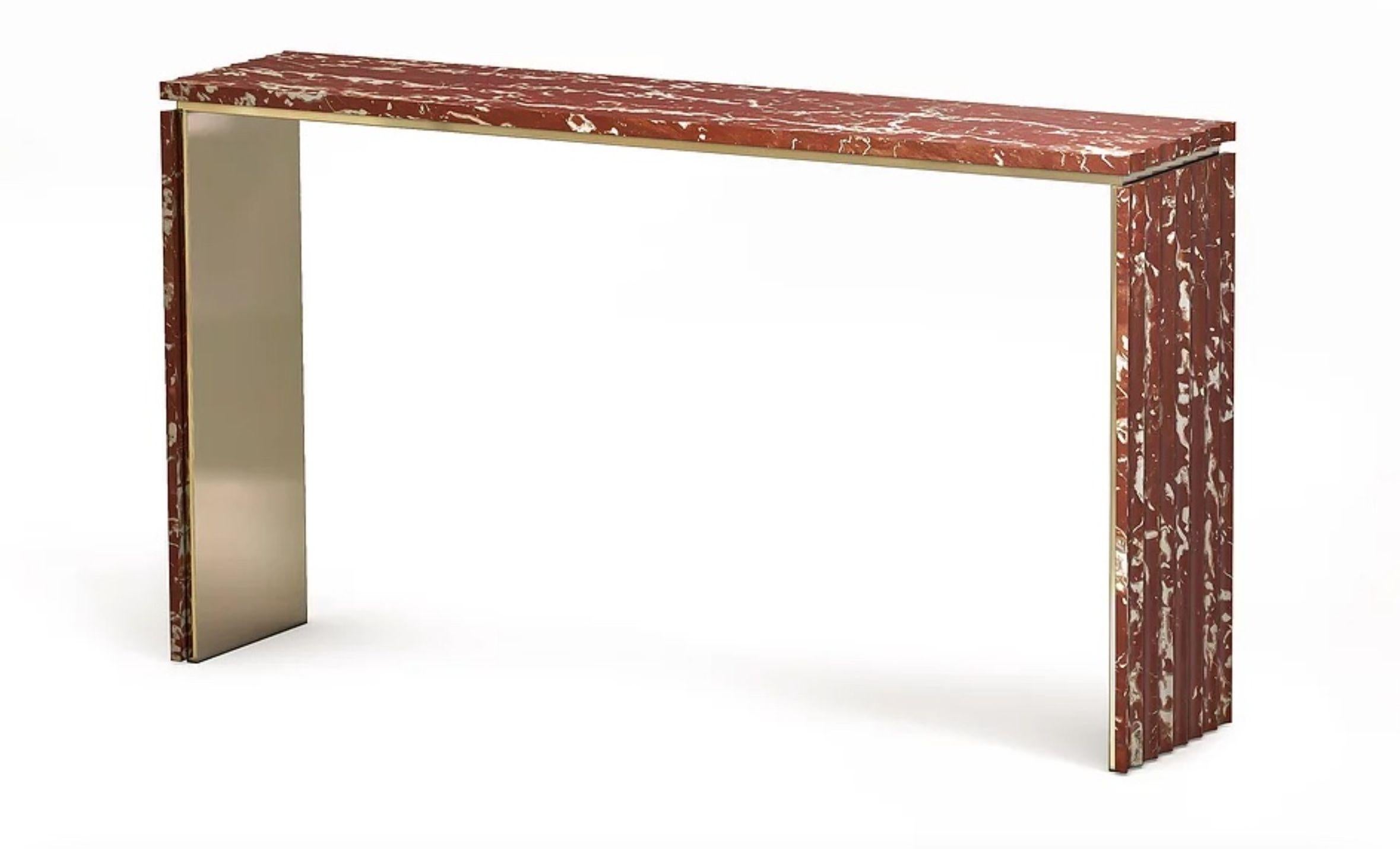 Curves marble console by Marmi Serafini
Materials: Marble and brass
Dimensions: 180 x 40 H 90 cm

Other marbles available.

Console with soft and sophisticated lines embellished by the undulating side surfaces leaving the horizontal part