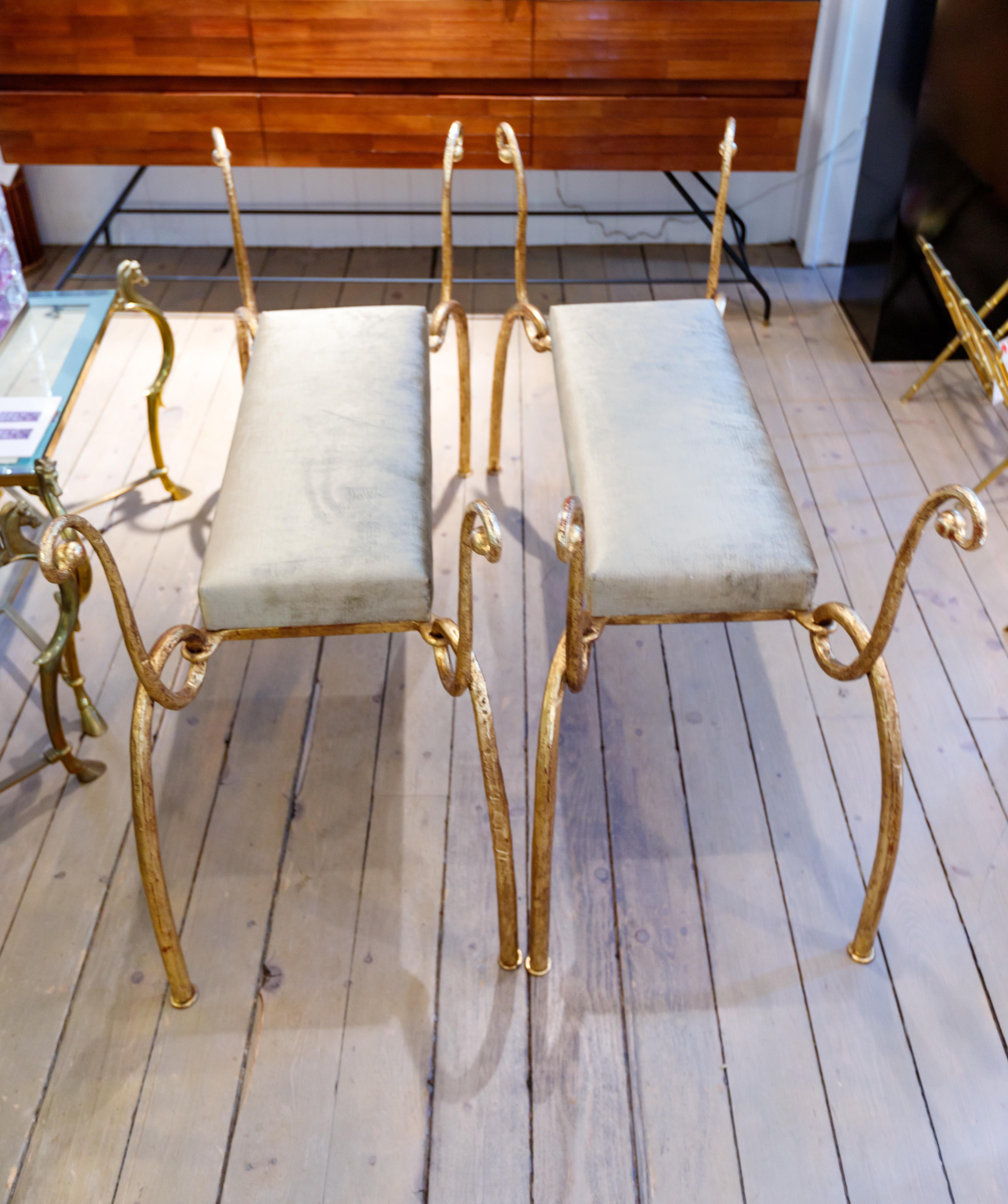 Other Curvilinear Gilt Iron Bench with Upholstered Seat